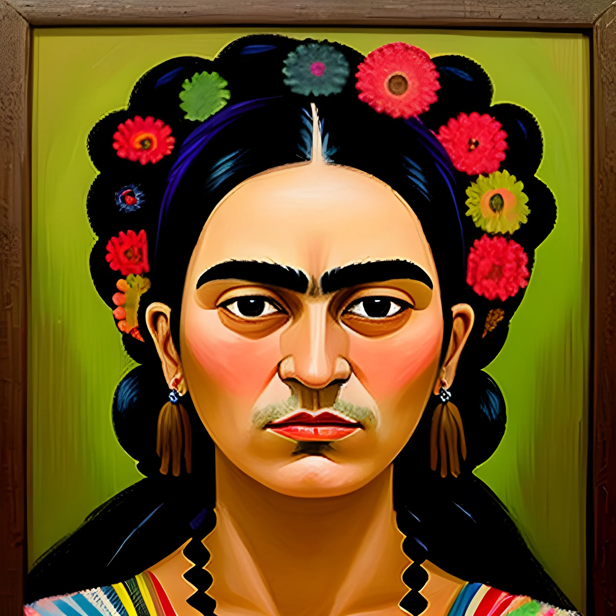  Oil painting of the face of a rural woman with long black hair in the style of Frida's paintings