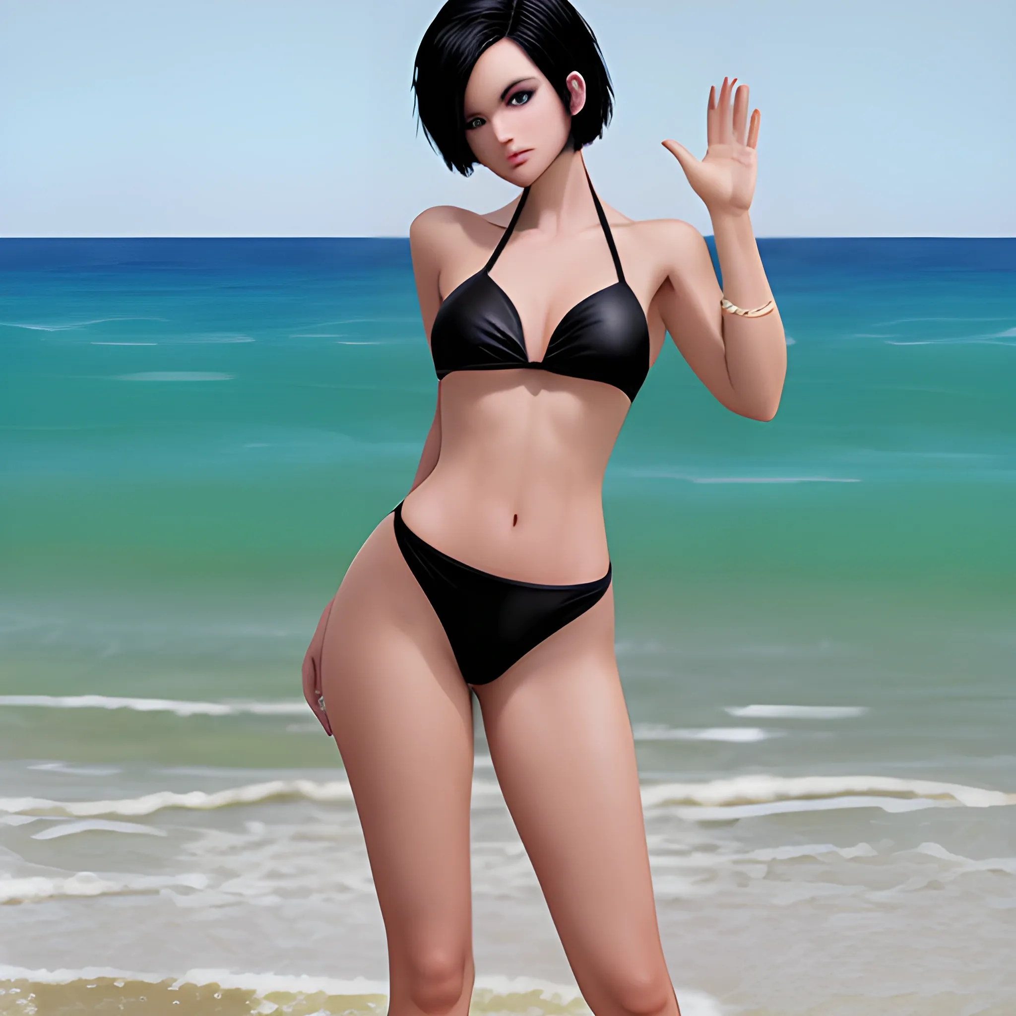 HEAD TO TOE , BIKINI MODEL, (((REAL PHOTO))) , WAVE SHORT  BLACK  HAIR, MODEL BODY , HIGH HEELS, GOOD SHAPE, 3D