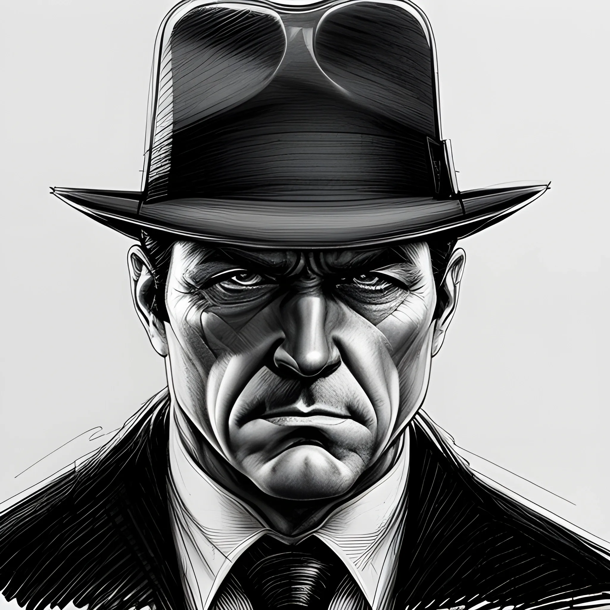 A noir-style portrait of a detective, drawn with pen and paper. The image features a strong focus on the character's face, with intricate details of the wrinkles and shadows enhancing the overall mood of the piece. The dynamic pose and angle of the character create a sense of action, with the overall composition reflecting a high-quality, award-winning piece., Pencil Sketch