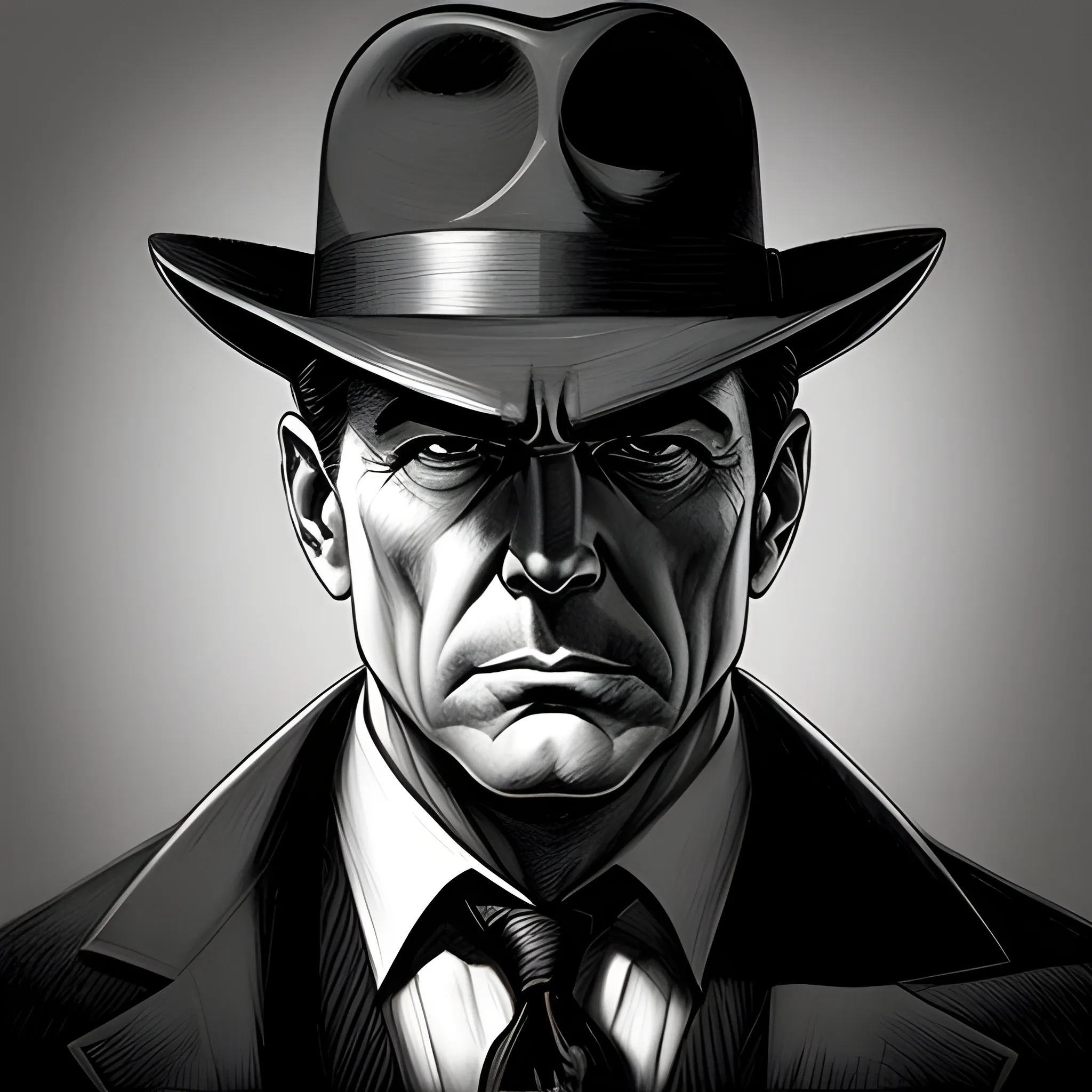 A noir-style portrait of a detective, drawn with pen and paper. The image features a strong focus on the character's face, with intricate details of the wrinkles and shadows enhancing the overall mood of the piece. The dynamic pose and angle of the character create a sense of action, with the overall composition reflecting a high-quality, award-winning piece., Pencil Sketch