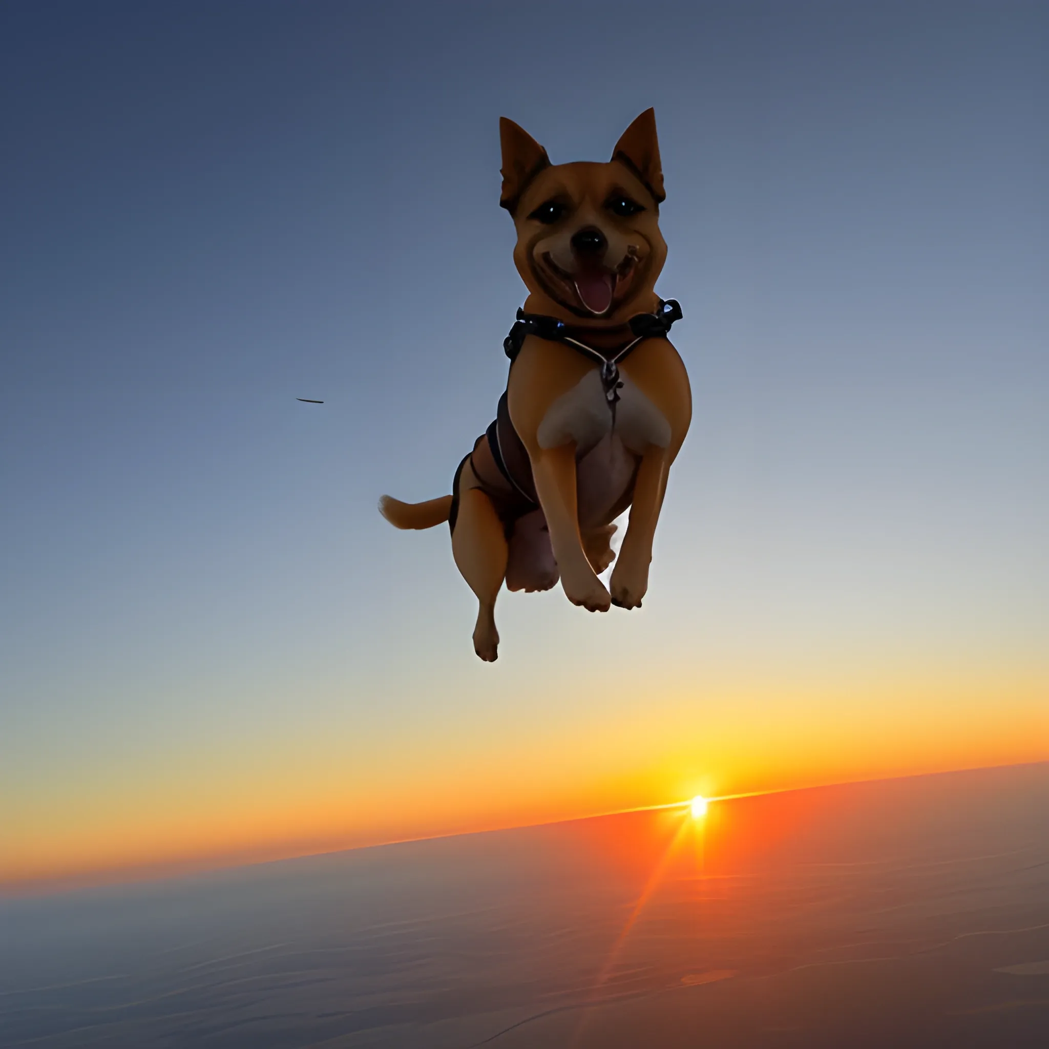 a dog jumping from a plane at sunset