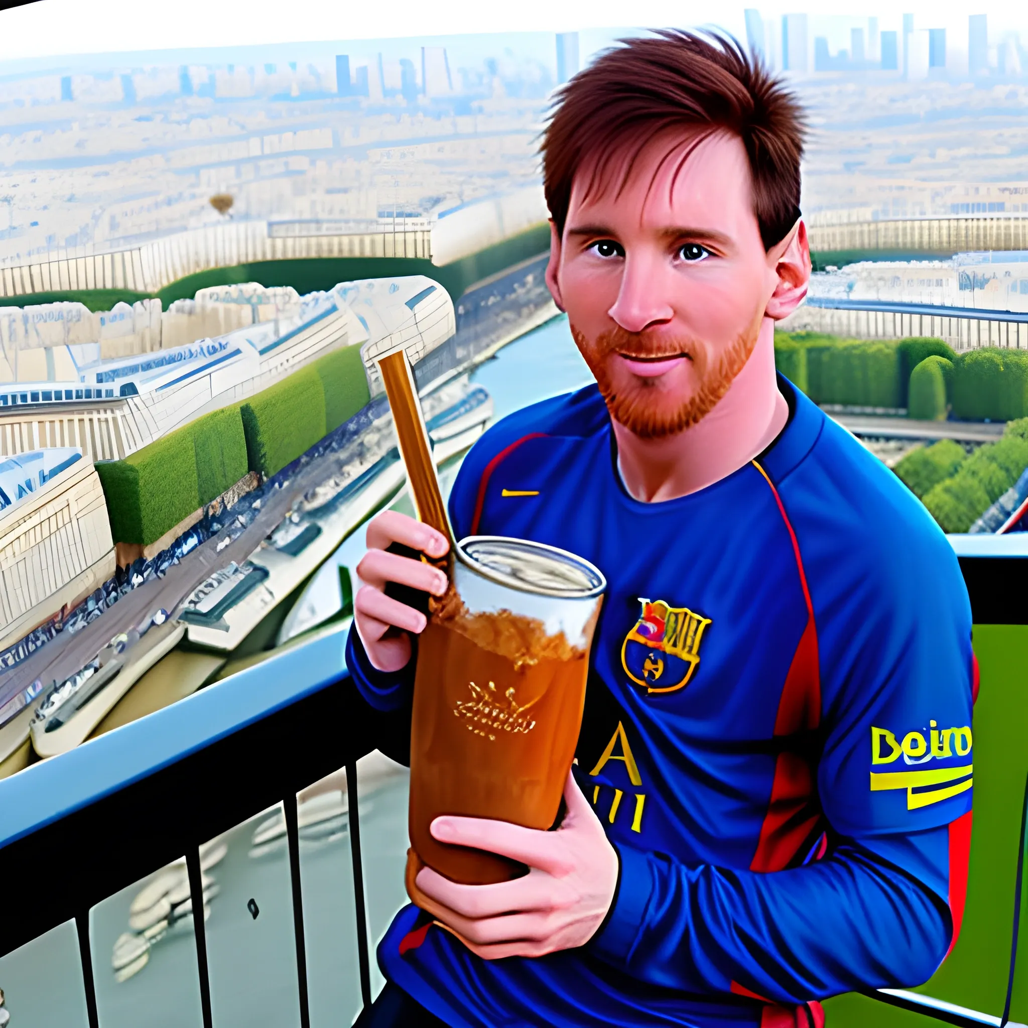 Messi drinking mate in the eiffel tower

