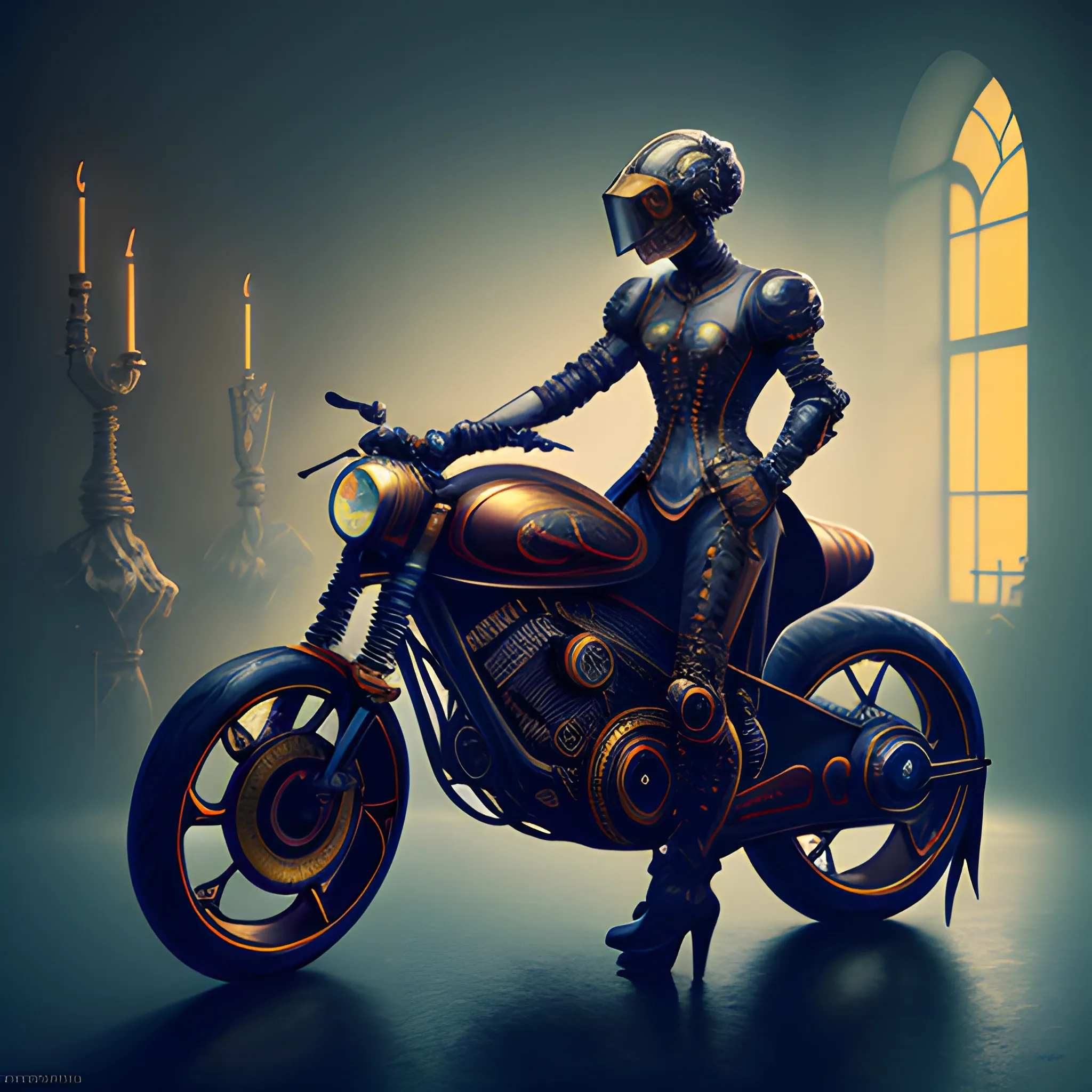 Oil Painting of a salvador Dali unfinished composition, perfect Rembrandt like composition, full body visible, detailed clothes features, grainy cinematic photography, futuristic, editorial fashion motorcycle steampunk, full body, fantasy concept, hyper-maximalist, intricate details, epic composition, marquee lighting, stunning, fantasy, fractal helmet, cinematic lighting, carved 8k, volumetric light, matte painting, deep color, splash screen, complementary colors, fantasy concept, 8k resolution