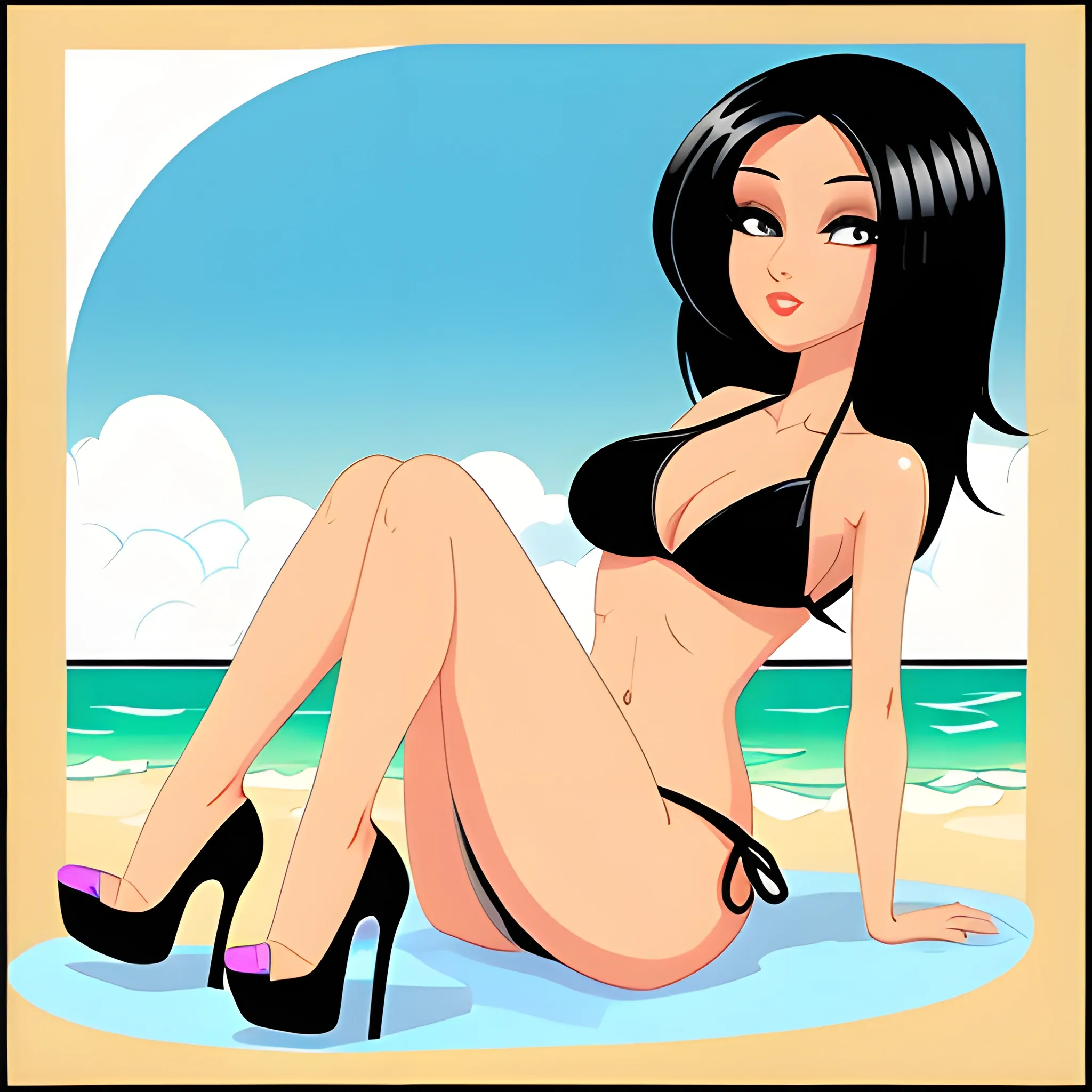 HEAD TO TOE , BIKINI MODEL, WAVE BLACK  HAIR, MODEL BODY , HIGH HEELS, GOOD SHAPE,, Cartoon