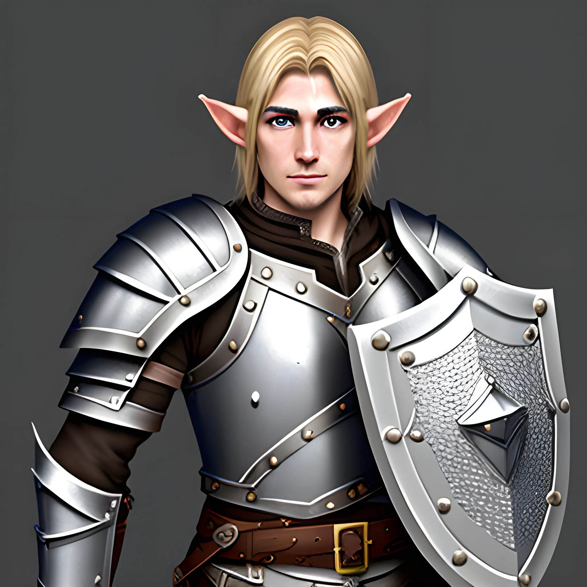 half elf, male, paladin, chainmail armour, shield, sword