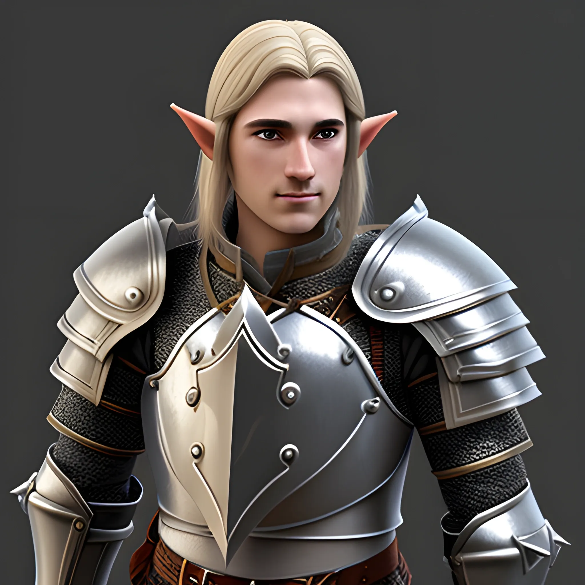 half elf, male, paladin, chainmail armour, shield, sword, 3D