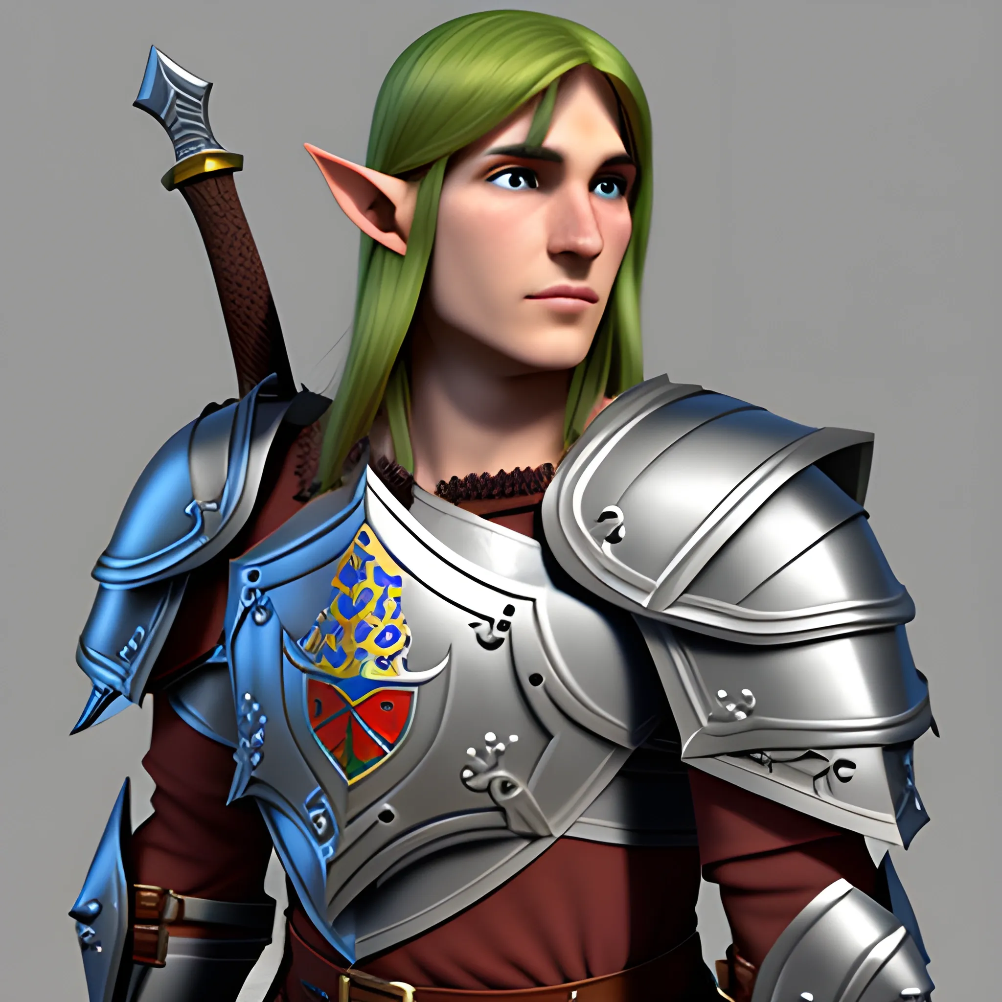 half elf, male, paladin, chainmail armour, shield, sword, 3D, Cartoon