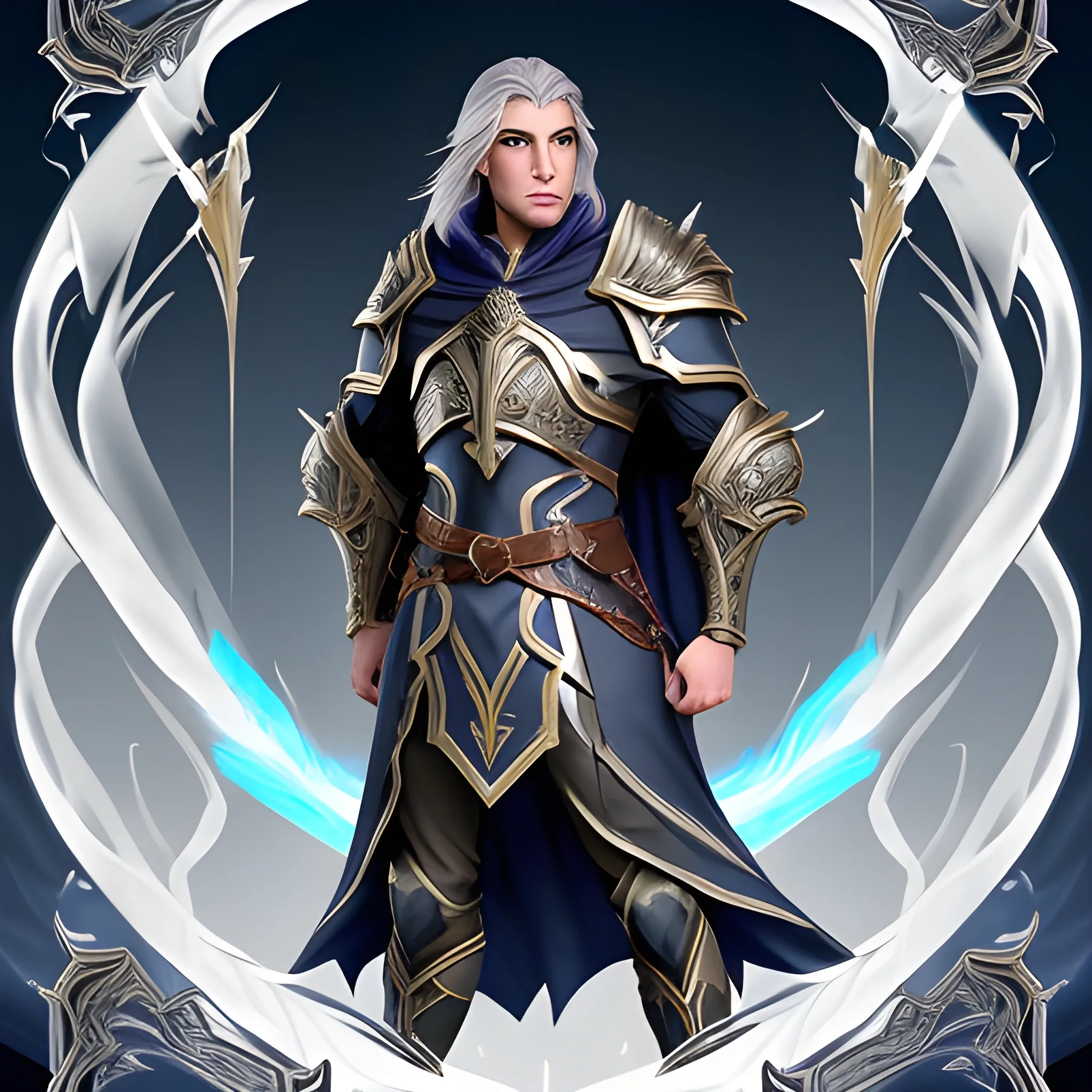 Kaelen Stormrider, a male half-elf paladin, possesses a commanding presence and a striking combination of elven grace and human strength. Here is a description of his appearance and demeanor:

Standing at an impressive height, Kaelen carries himself with an air of confidence and nobility. His physique combines the refined features of his elven heritage with the robustness inherited from his human lineage. Though lean and athletic, his frame reveals underlying strength, a testament to his dedication to his martial training.

Kaelen's fair complexion bears a touch of warmth, reflecting both his elven and human ancestry. His face is characterized by sharp yet gentle features, accentuated by a chiseled jawline and high cheekbones. His captivating eyes, a piercing shade of stormy gray or deep blue, reveal a depth of conviction and determination.

His hair, often styled in a swept-back manner, falls in waves or locks that resemble the tempestuous sea. The color can vary, ranging from a dark chestnut brown to a silvery hue reminiscent of moonlight reflecting off water. It flows freely, occasionally catching the light and accentuating his every movement.

Kaelen's attire reflects his devotion to his paladin oath and his quest for righteousness. He wears polished, gleaming plate armor adorned with intricate engravings and symbols representing his deity or personal convictions. Over his armor, he may don a flowing, azure-colored cloak, emblazoned with the emblem of his order or the symbol of the storm.

His demeanor is one of unwavering resolve and compassionate determination. Kaelen's eyes hold a spark of idealism, tempered by the wisdom gained from his experiences. He exudes a natural charisma, with a voice that resonates with conviction and inspires those around him.

The mark of his paladinhood may be visible on his person, such as a holy symbol or a sigil representing his chosen deity. It serves as a reminder of his sacred duty and the divine powers that guide him in his quest to protect the innocent and vanquish evil.

Kaelen Stormrider's appearance, combining the grace of his elven heritage with the strength of his human lineage, mirrors his inner dedication to righteousness and his unwavering commitment to his sworn oath as a paladin.