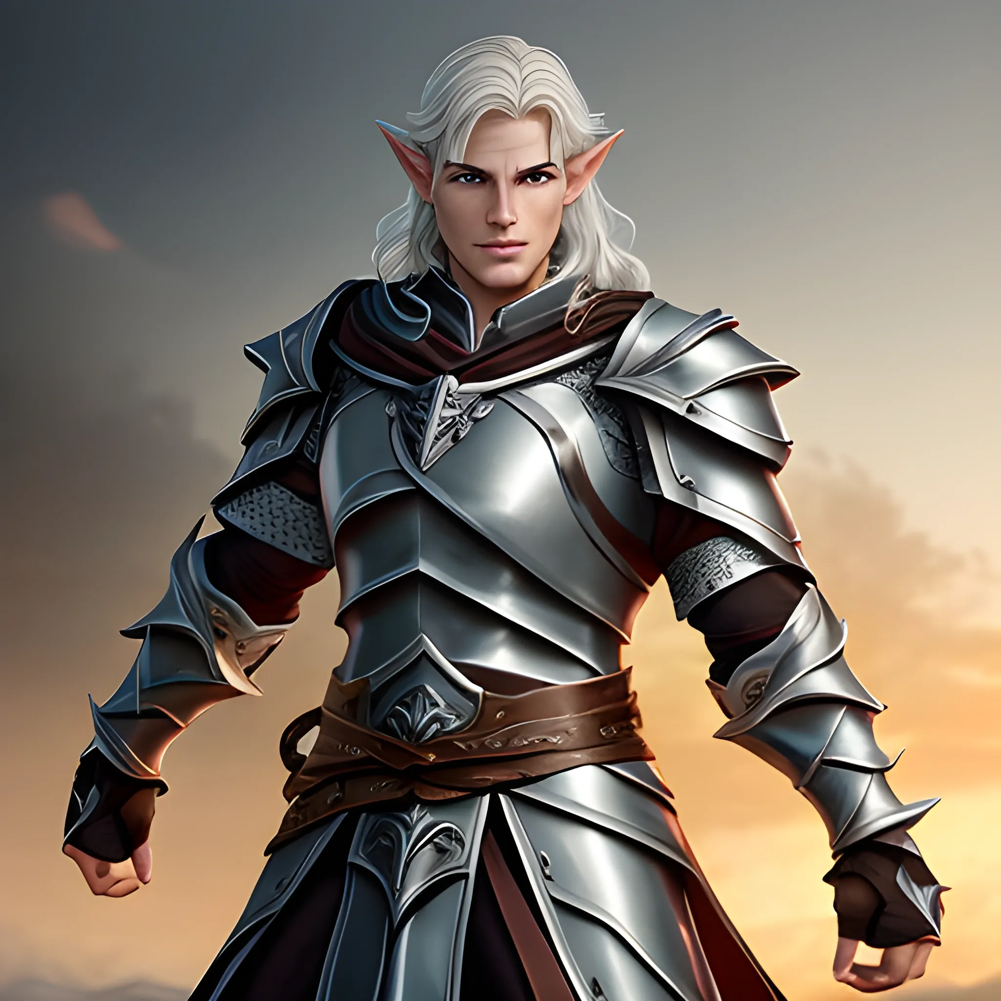 Kaelen Stormrider, a male half-elf paladin, possesses a commanding presence and a striking combination of elven grace and human strength. Here is a description of his appearance and demeanor:

Standing at an impressive height, Kaelen carries himself with an air of confidence and nobility. His physique combines the refined features of his elven heritage with the robustness inherited from his human lineage. Though lean and athletic, his frame reveals underlying strength, a testament to his dedication to his martial training.

Kaelen's fair complexion bears a touch of warmth, reflecting both his elven and human ancestry. His face is characterized by sharp yet gentle features, accentuated by a chiseled jawline and high cheekbones. His captivating eyes, a piercing shade of stormy gray or deep blue, reveal a depth of conviction and determination.

His hair, often styled in a swept-back manner, falls in waves or locks that resemble the tempestuous sea. The color can vary, ranging from a dark chestnut brown to a silvery hue reminiscent of moonlight reflecting off water. It flows freely, occasionally catching the light and accentuating his every movement.

Kaelen's attire reflects his devotion to his paladin oath and his quest for righteousness. He wears polished, gleaming plate armor adorned with intricate engravings and symbols representing his deity or personal convictions. Over his armor, he may don a flowing, azure-colored cloak, emblazoned with the emblem of his order or the symbol of the storm.

His demeanor is one of unwavering resolve and compassionate determination. Kaelen's eyes hold a spark of idealism, tempered by the wisdom gained from his experiences. He exudes a natural charisma, with a voice that resonates with conviction and inspires those around him.

The mark of his paladinhood may be visible on his person, such as a holy symbol or a sigil representing his chosen deity. It serves as a reminder of his sacred duty and the divine powers that guide him in his quest to protect the innocent and vanquish evil.

Kaelen Stormrider's appearance, combining the grace of his elven heritage with the strength of his human lineage, mirrors his inner dedication to righteousness and his unwavering commitment to his sworn oath as a paladin.