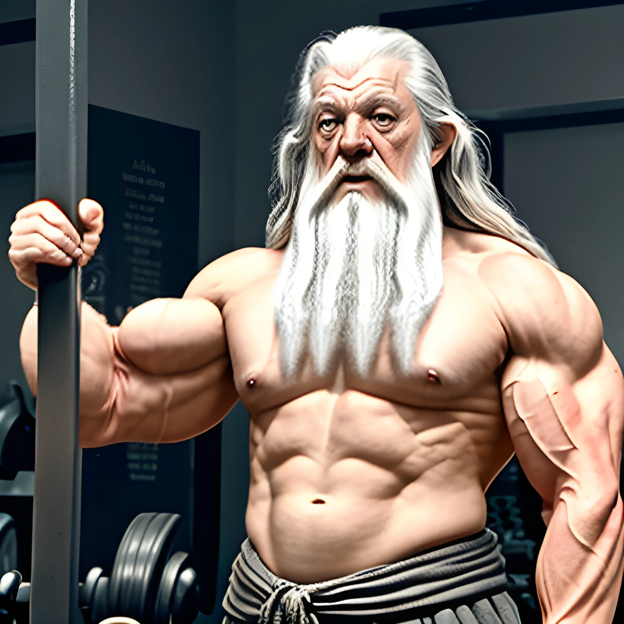 Gandalf, from Lord of the Rings, has gone to the gym and trained very much. He is now big and buff and is flexing very hard.
