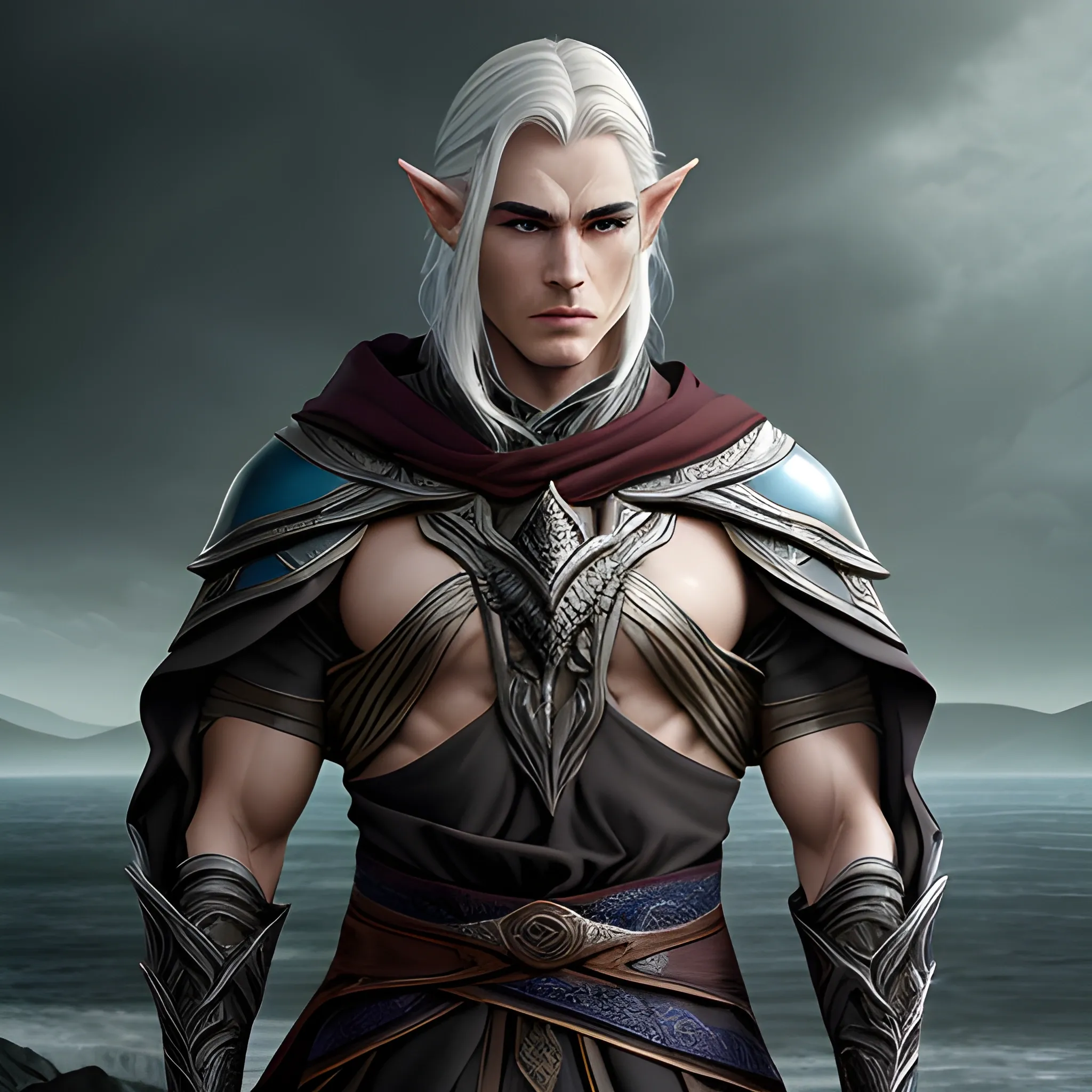 Kaelen Stormrider possesses a commanding presence, enhanced by his unique combination of elven and human features. Standing at a moderate height, he exudes an air of confidence and strength. His physical appearance reflects his diverse heritage, incorporating the elegance of the elves and the resilience of humans.

Kaelen's facial features are a harmonious blend of refined elven beauty and rugged human strength. His face is framed by dark, wavy hair that falls to his shoulders, accentuating his sharp cheekbones and a strong jawline. His fair skin, tinged with a hint of warmth, highlights the intensity of his piercing eyes.

His eyes, a vibrant shade of sapphire blue, are often described as windows to his soul. They emanate an aura of determination and unwavering focus, reflecting the celestial energies that course through his veins. They are framed by well-defined eyebrows, adding a touch of intensity to his gaze.

Kaelen's physique is lean yet muscular, a testament to his physical prowess and the rigorous training he has undergone. He carries himself with a confident posture, exhibiting a natural grace that hints at his elven heritage. His movements are fluid and precise, a reflection of the martial discipline he has cultivated.

Draped upon his broad shoulders, Kaelen often wears a cloak of deep blue, adorned with intricate silver trimmings that depict celestial motifs. The cloak billows behind him, evoking an image of a storm on the horizon, as if he is a harbinger of both power and tranquility. His attire consists of practical yet finely crafted garments that allow for ease of movement during combat, blending elements of elven elegance and practical human design.

Kaelen's presence is both captivating and enigmatic, drawing the attention of those around him. With his elven grace, human strength, and a gaze that holds the weight of determination, he stands as a formidable figure, ready to face the challenges that lie ahead on Lumina Isle.

4K, hyper realistic