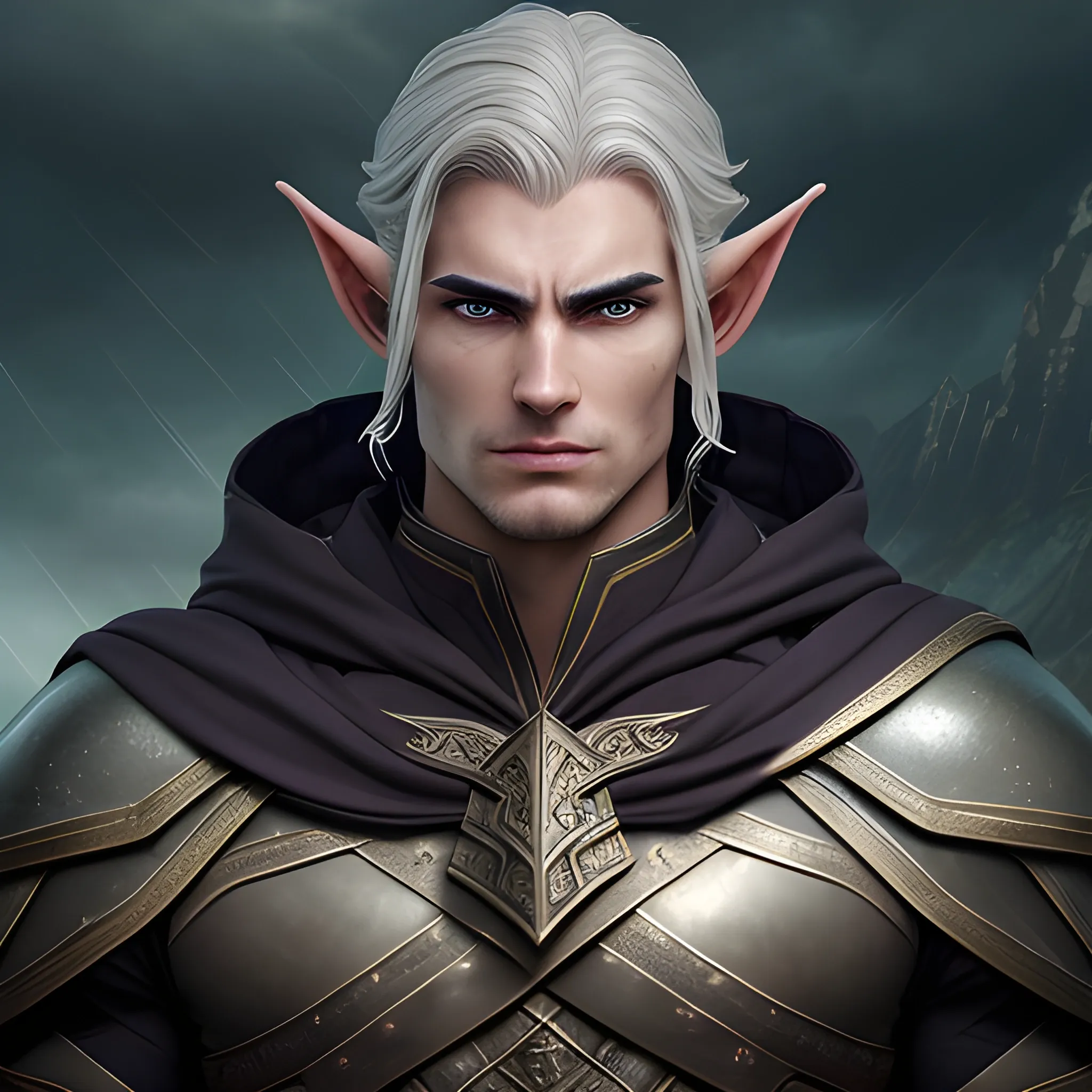 Kaelen Stormrider possesses a commanding presence, enhanced by his unique combination of elven and human features. Standing at a moderate height, he exudes an air of confidence and strength. His physical appearance reflects his diverse heritage, incorporating the elegance of the elves and the resilience of humans.

Kaelen's facial features are a harmonious blend of refined elven beauty and rugged human strength. His face is framed by dark, wavy hair that falls to his shoulders, accentuating his sharp cheekbones and a strong jawline. His fair skin, tinged with a hint of warmth, highlights the intensity of his piercing eyes.

His eyes, a vibrant shade of sapphire blue, are often described as windows to his soul. They emanate an aura of determination and unwavering focus, reflecting the celestial energies that course through his veins. They are framed by well-defined eyebrows, adding a touch of intensity to his gaze.

Kaelen's physique is lean yet muscular, a testament to his physical prowess and the rigorous training he has undergone. He carries himself with a confident posture, exhibiting a natural grace that hints at his elven heritage. His movements are fluid and precise, a reflection of the martial discipline he has cultivated.

Draped upon his broad shoulders, Kaelen often wears a cloak of deep blue, adorned with intricate silver trimmings that depict celestial motifs. The cloak billows behind him, evoking an image of a storm on the horizon, as if he is a harbinger of both power and tranquility. His attire consists of practical yet finely crafted garments that allow for ease of movement during combat, blending elements of elven elegance and practical human design.

Kaelen's presence is both captivating and enigmatic, drawing the attention of those around him. With his elven grace, human strength, and a gaze that holds the weight of determination, he stands as a formidable figure, ready to face the challenges that lie ahead on Lumina Isle.

4K, hyper realistic