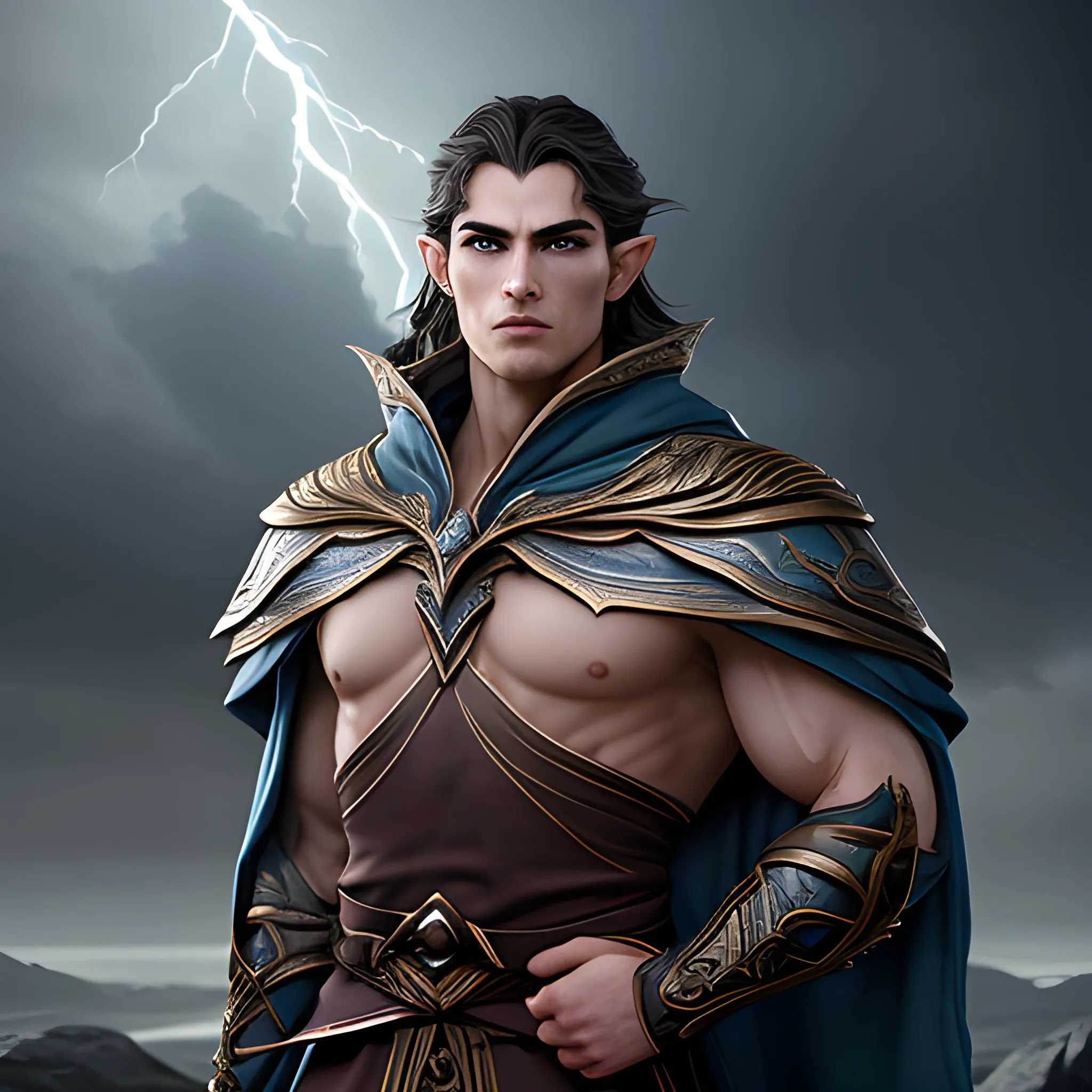 4k, photo realistic,
Kaelen Stormrider possesses a commanding presence, enhanced by his unique combination of elven and human features. Standing at a moderate height, he exudes an air of confidence and strength. His physical appearance reflects his diverse heritage, incorporating the elegance of the elves and the resilience of humans.

Kaelen's facial features are a harmonious blend of refined elven beauty and rugged human strength. His face is framed by dark, wavy hair that falls to his shoulders, accentuating his sharp cheekbones and a strong jawline. His fair skin, tinged with a hint of warmth, highlights the intensity of his piercing eyes.

His eyes, a vibrant shade of sapphire blue, are often described as windows to his soul. They emanate an aura of determination and unwavering focus, reflecting the celestial energies that course through his veins. They are framed by well-defined eyebrows, adding a touch of intensity to his gaze.

Kaelen's physique is lean yet muscular, a testament to his physical prowess and the rigorous training he has undergone. He carries himself with a confident posture, exhibiting a natural grace that hints at his elven heritage. His movements are fluid and precise, a reflection of the martial discipline he has cultivated.

Draped upon his broad shoulders, Kaelen often wears a cloak of deep blue, adorned with intricate silver trimmings that depict celestial motifs. The cloak billows behind him, evoking an image of a storm on the horizon, as if he is a harbinger of both power and tranquility. His attire consists of practical yet finely crafted garments that allow for ease of movement during combat, blending elements of elven elegance and practical human design.

Kaelen's presence is both captivating and enigmatic, drawing the attention of those around him. With his elven grace, human strength, and a gaze that holds the weight of determination, he stands as a formidable figure, ready to face the challenges that lie ahead on Lumina Isle.