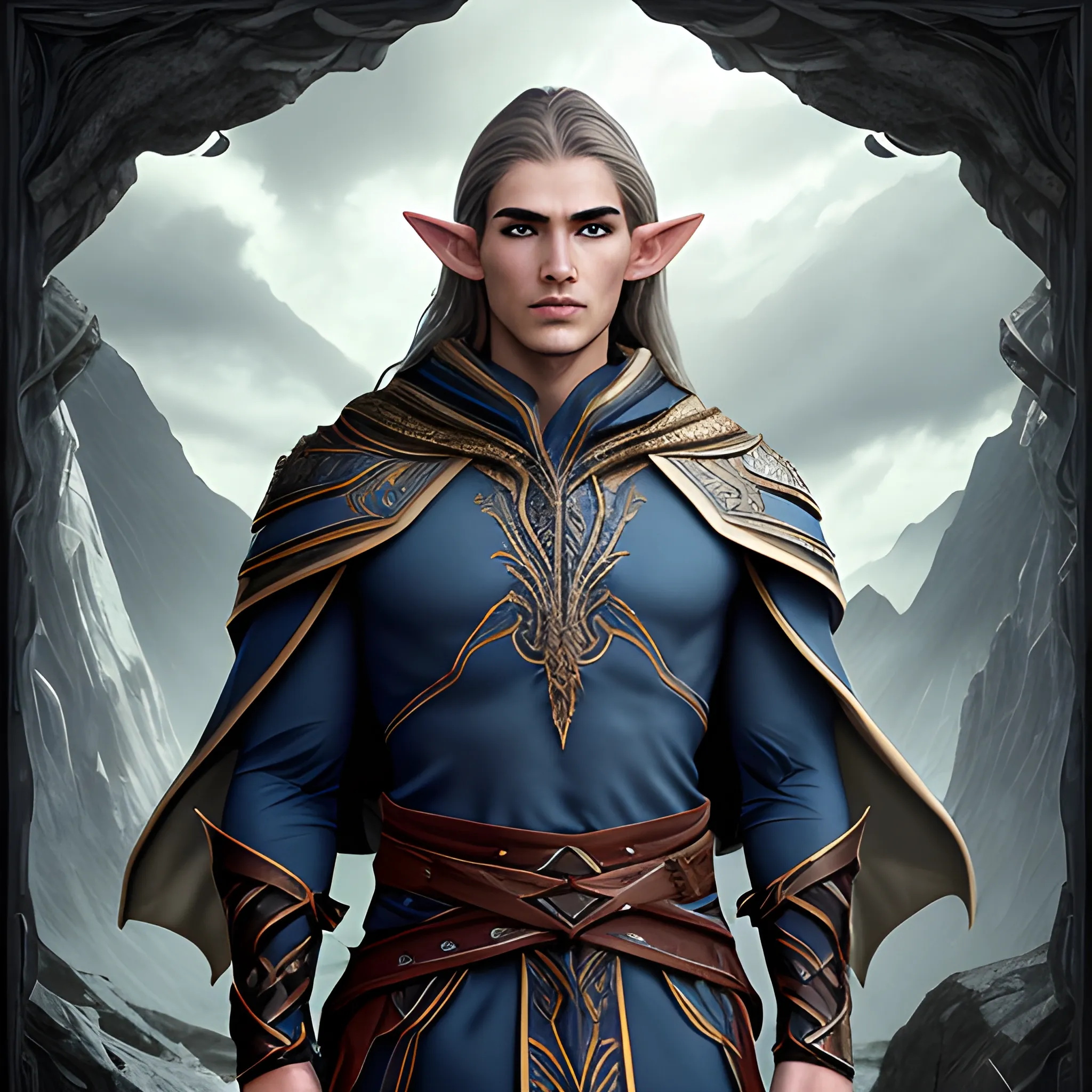 Kaelen Stormrider possesses a commanding presence, enhanced by his unique combination of elven and human features. Standing at a moderate height, he exudes an air of confidence and strength. His physical appearance reflects his diverse heritage, incorporating the elegance of the elves and the resilience of humans.

Kaelen's facial features are a harmonious blend of refined elven beauty and rugged human strength. His face is framed by dark, wavy hair that falls to his shoulders, accentuating his sharp cheekbones and a strong jawline. His fair skin, tinged with a hint of warmth, highlights the intensity of his piercing eyes.

His eyes, a vibrant shade of sapphire blue, are often described as windows to his soul. They emanate an aura of determination and unwavering focus, reflecting the celestial energies that course through his veins. They are framed by well-defined eyebrows, adding a touch of intensity to his gaze.

Kaelen's physique is lean yet muscular, a testament to his physical prowess and the rigorous training he has undergone. He carries himself with a confident posture, exhibiting a natural grace that hints at his elven heritage. His movements are fluid and precise, a reflection of the martial discipline he has cultivated.

Draped upon his broad shoulders, Kaelen often wears a cloak of deep blue, adorned with intricate silver trimmings that depict celestial motifs. The cloak billows behind him, evoking an image of a storm on the horizon, as if he is a harbinger of both power and tranquility. His attire consists of practical yet finely crafted garments that allow for ease of movement during combat, blending elements of elven elegance and practical human design.

Kaelen's presence is both captivating and enigmatic, drawing the attention of those around him. With his elven grace, human strength, and a gaze that holds the weight of determination, he stands as a formidable figure, ready to face the challenges that lie ahead on Lumina Isle.