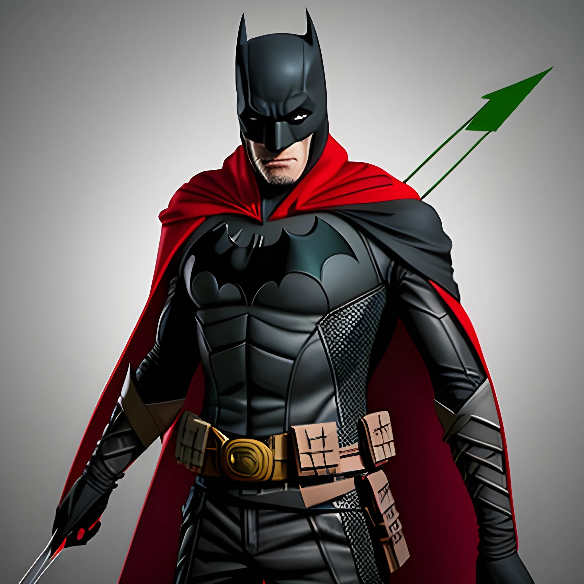 Un héros avec sont costume inspiré par la ligue des assassin, Batman et de Arrow avec une touche de rouge sang , Cartoon, , 3D, ultra haut qualité 