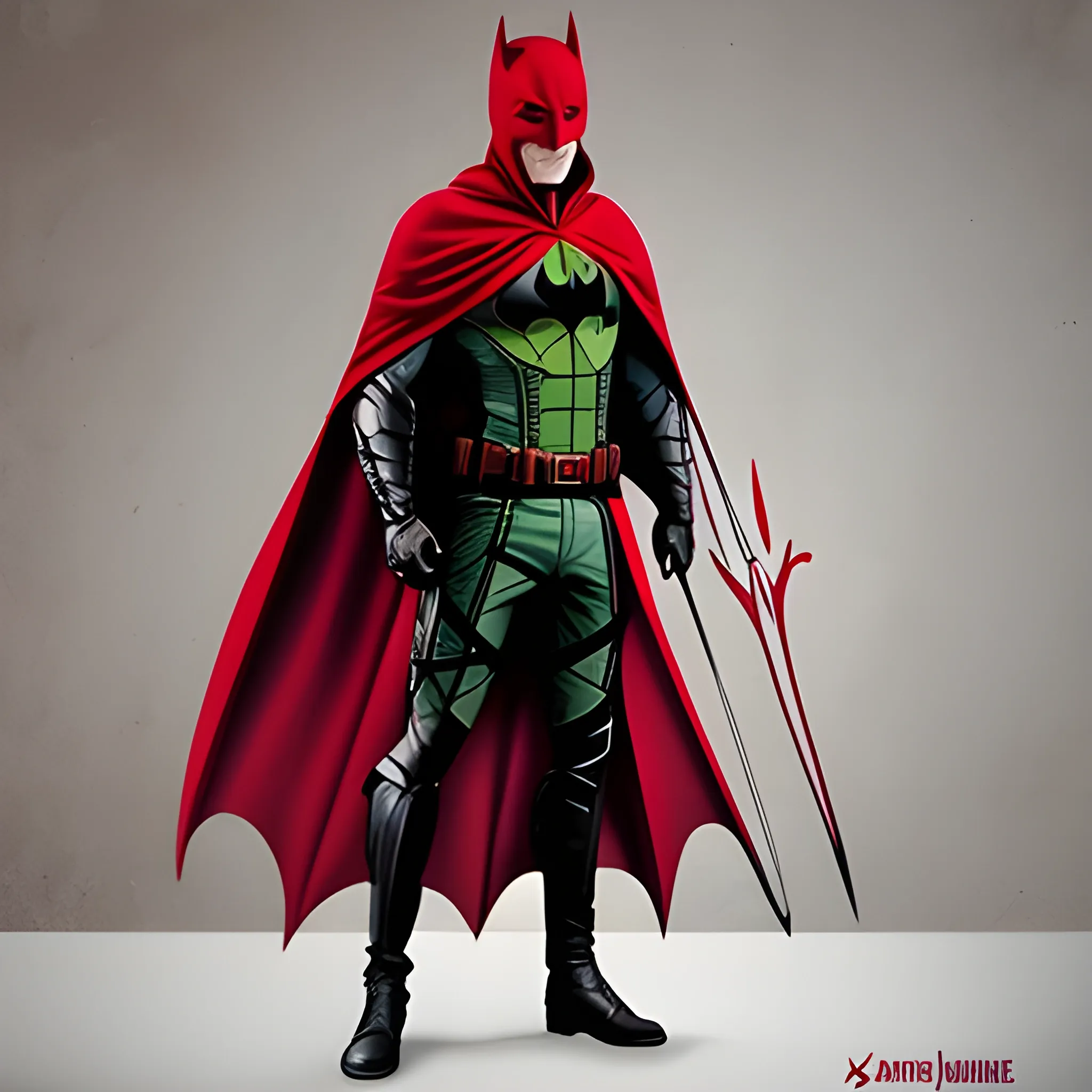 Un héros avec sont costume inspiré par la ligue des assassin, Batman et de Arrow avec une touche de rouge sang , Cartoon 