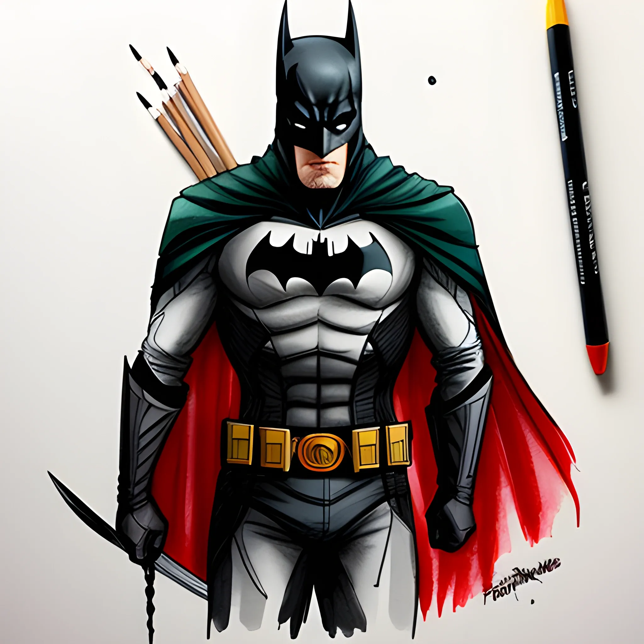 Un héros avec sont costume inspiré par la ligue des assassin, Batman et de Arrow avec une touche de rouge sang , Cartoon , Pencil Sketch, Water Color