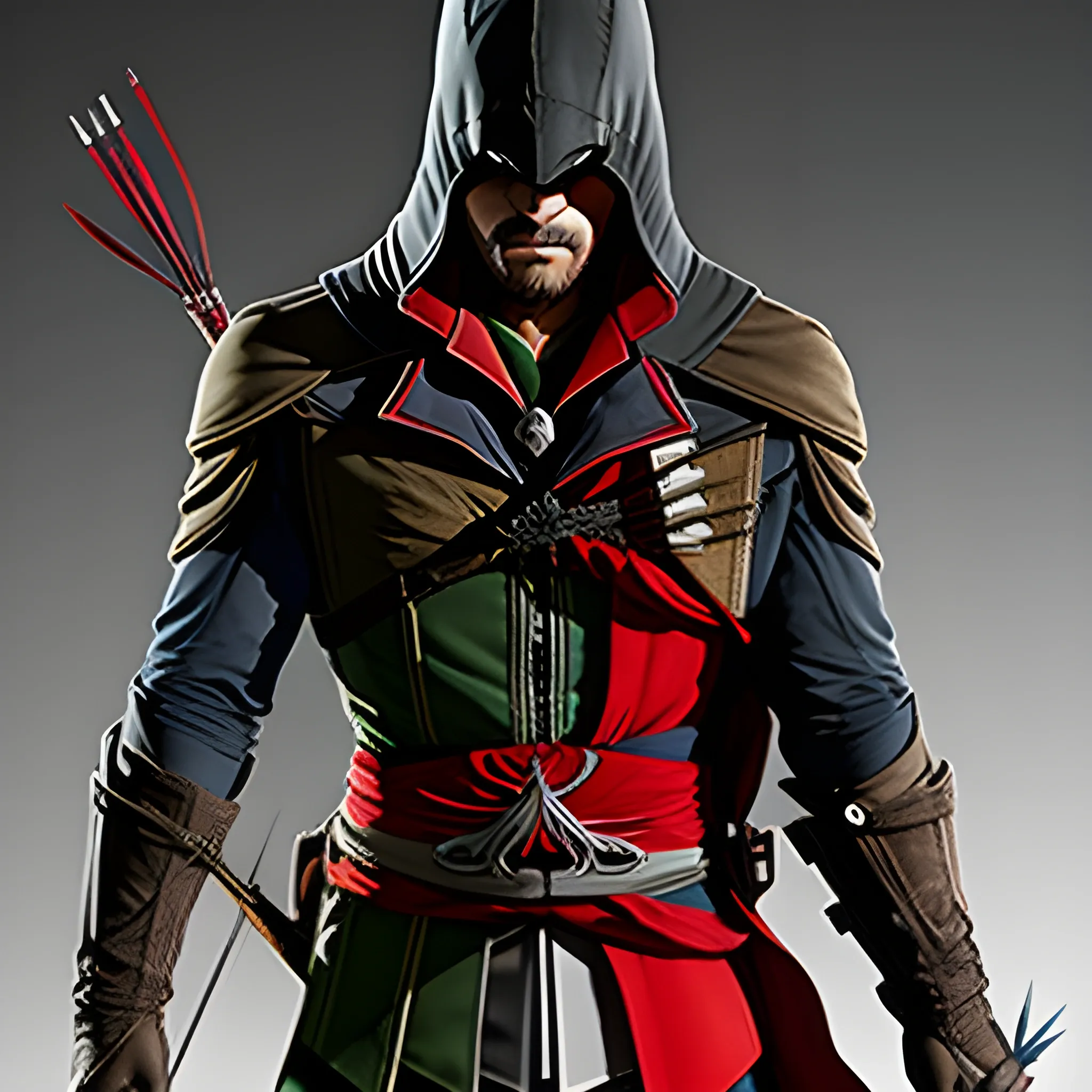 costume comme par assassin’s creed et de Arrow et Batman avec une touche de rouge sang , ultra haut qualité 