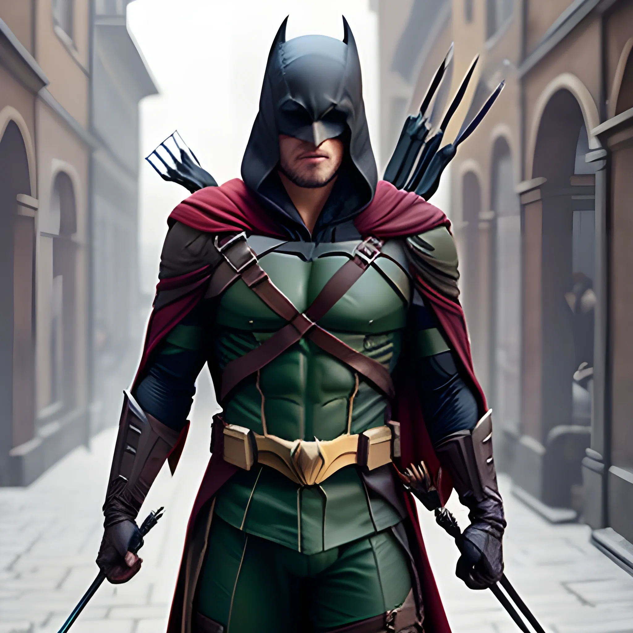 Un héros avec son costume avec capuche de arrow mélange avec le casque de Batman la cape de Batman et l’ensemble de assassin’s creed avec une touche de rouge sang , ultra haut qualité 