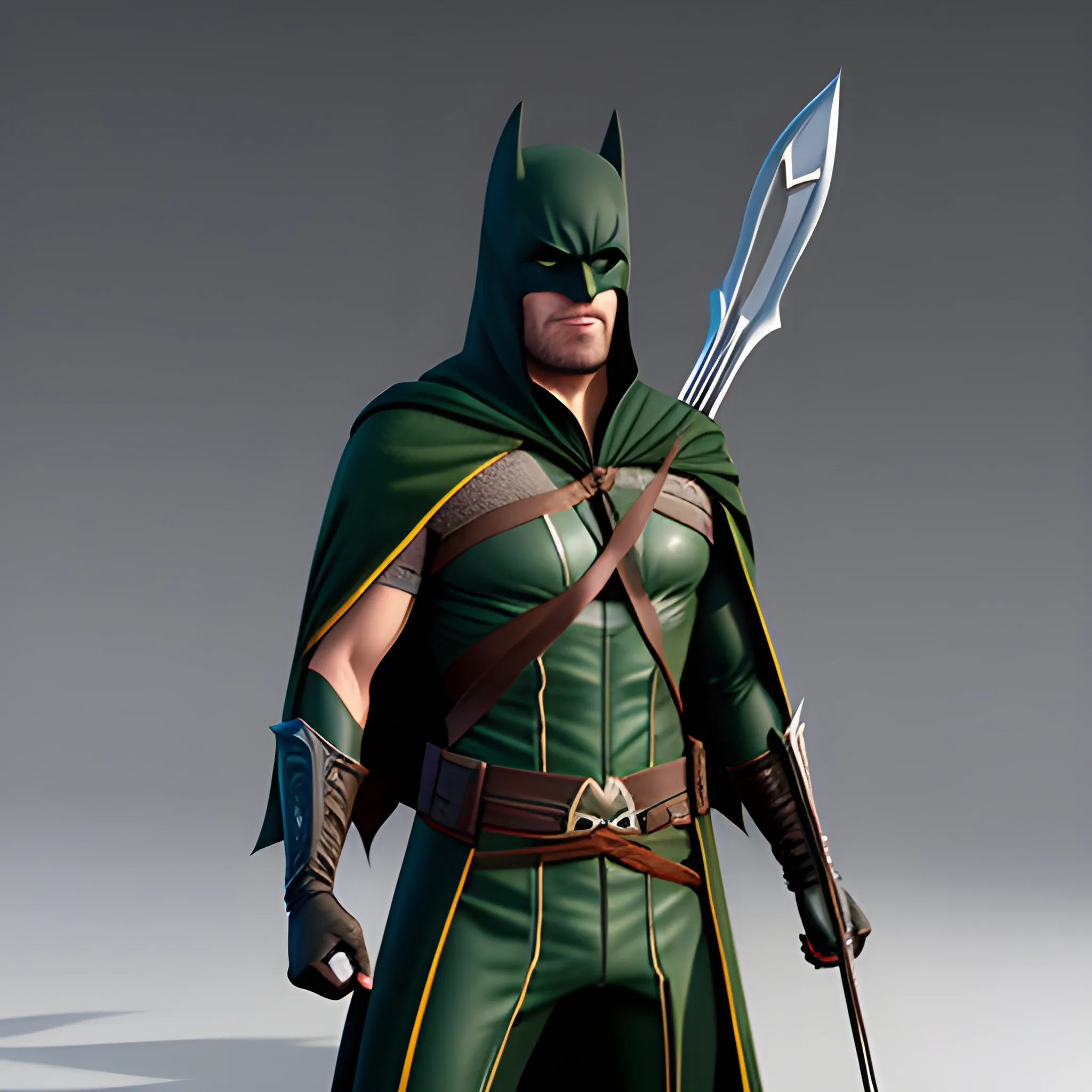 Un héros avec son costume, capuche de Arrow mélange au casque de Batman, cape de Batman et l’ensemble de assassin’s creed, ultra haut qualité , Cartoon, 3D