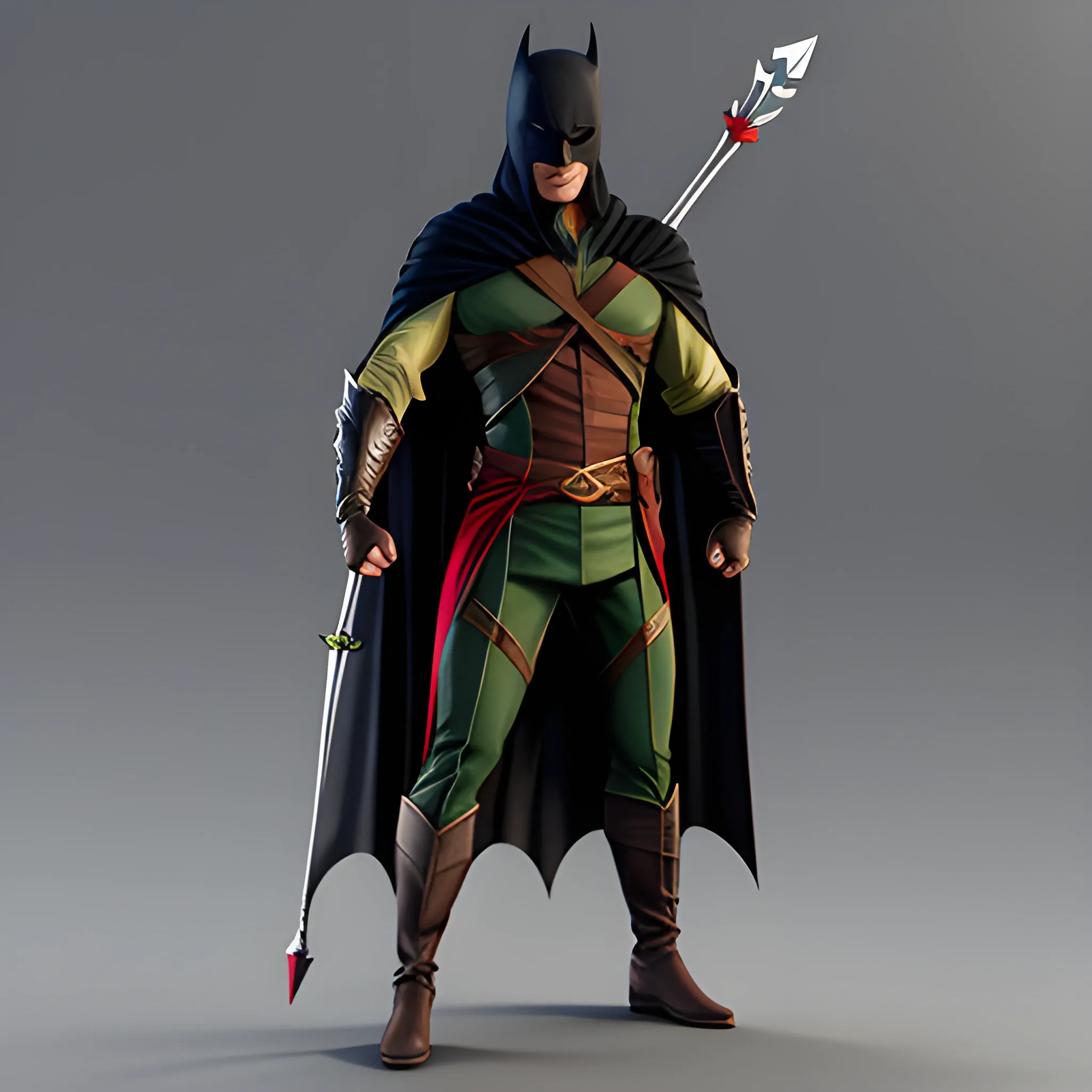 Un héros avec son costume, capuche de Arrow mélangé au casque de Batman, cape de Batman et l’ensemble de assassin’s creed, ultra haut qualité , Cartoon, 3D, une touche de rouge sang et de noir 