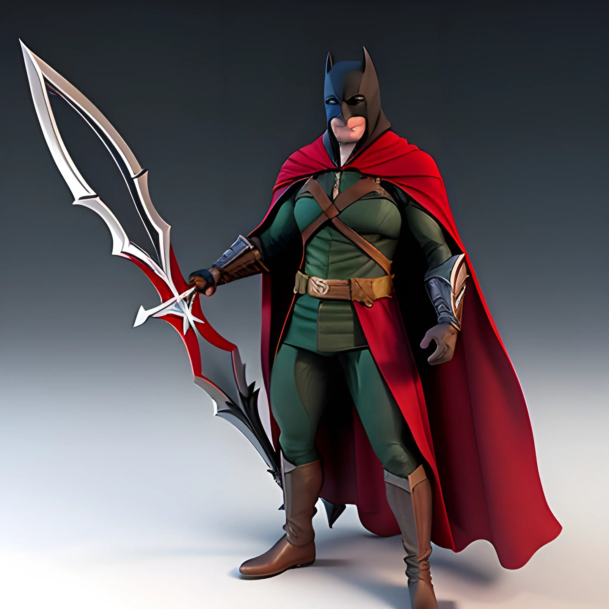 Un héros avec son costume avec la capuche de Arrow mélangé au casque de Batman, cape de Batman et l’ensemble de assassin’s creed, ultra haut qualité , Cartoon, 3D, une touche de rouge sang et de noir 