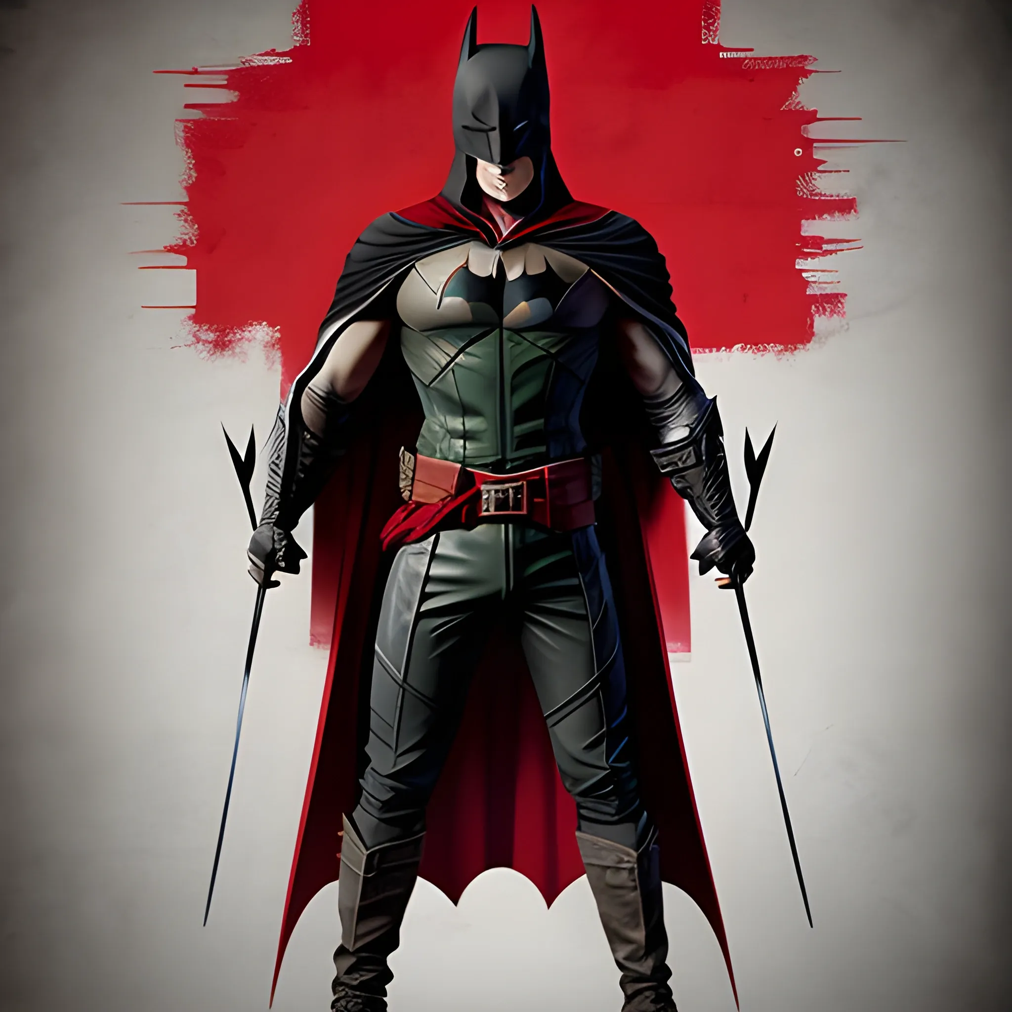 A hero with his costume with Arrow's hood mixed with Batman's helmet, Batman's cape and assassin's creed set, ultra high quality, Cartoon, a touch of blood red and black