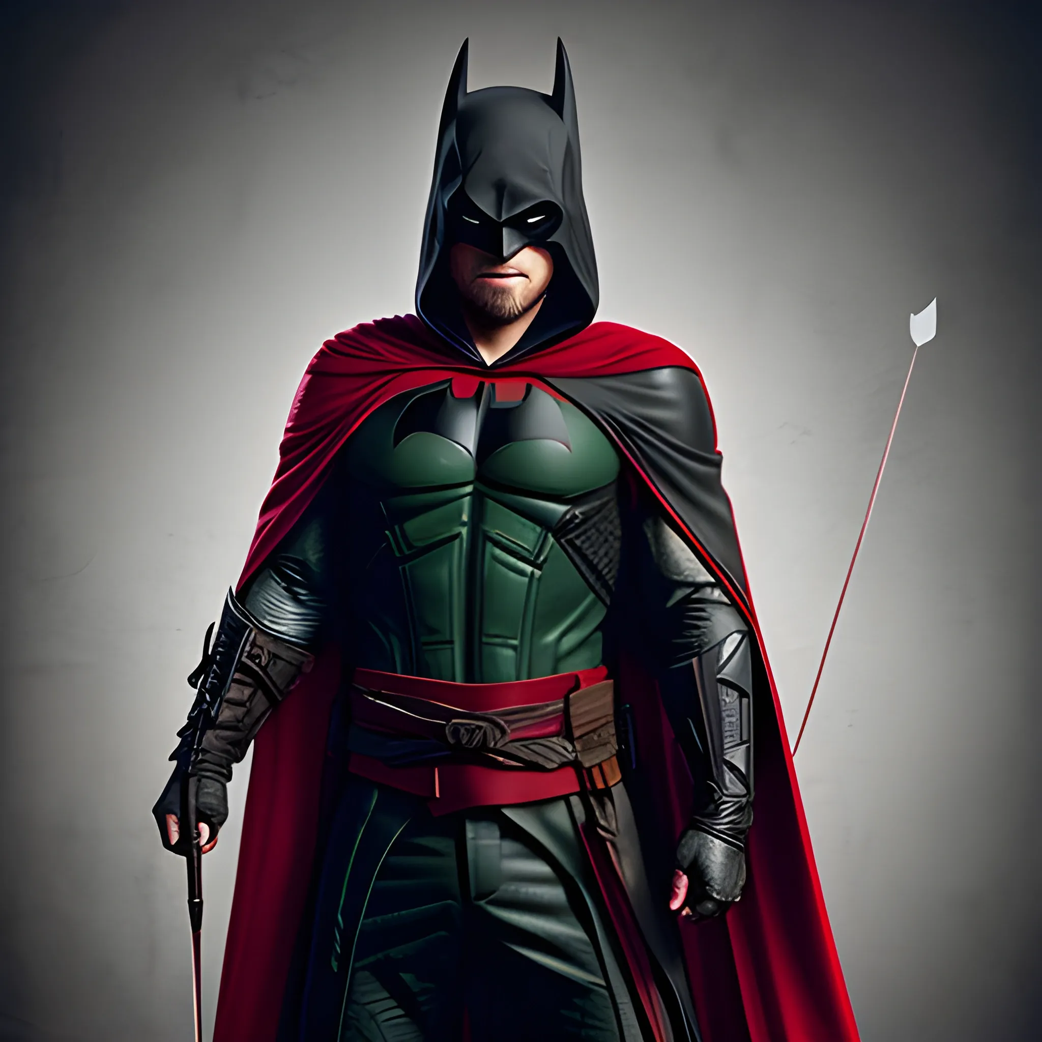 A hero with his costume with Arrow's hood mixed with Batman's helmet, Batman's cape and assassin's creed set, ultra high quality, Cartoon, a touch of blood red and black