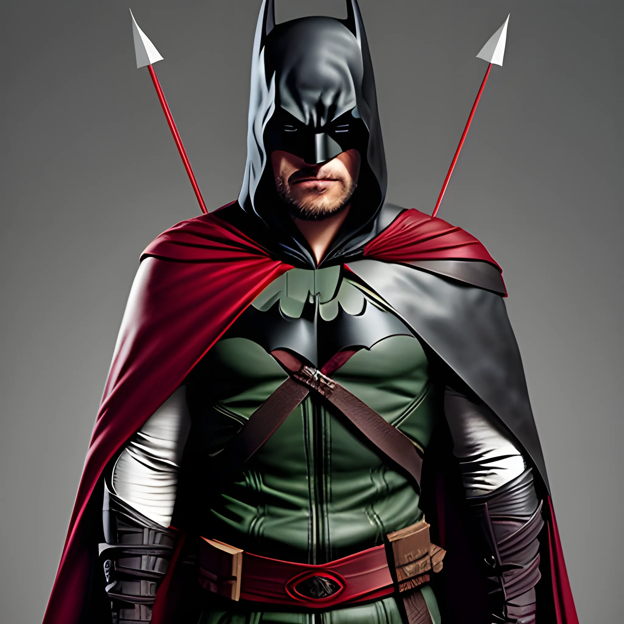 A hero with his costume with Arrow's hood mixed with Batman's leather helmet, Batman's cape and assassin's creed set, ultra high quality, a touch of blood red and black, Cartoon