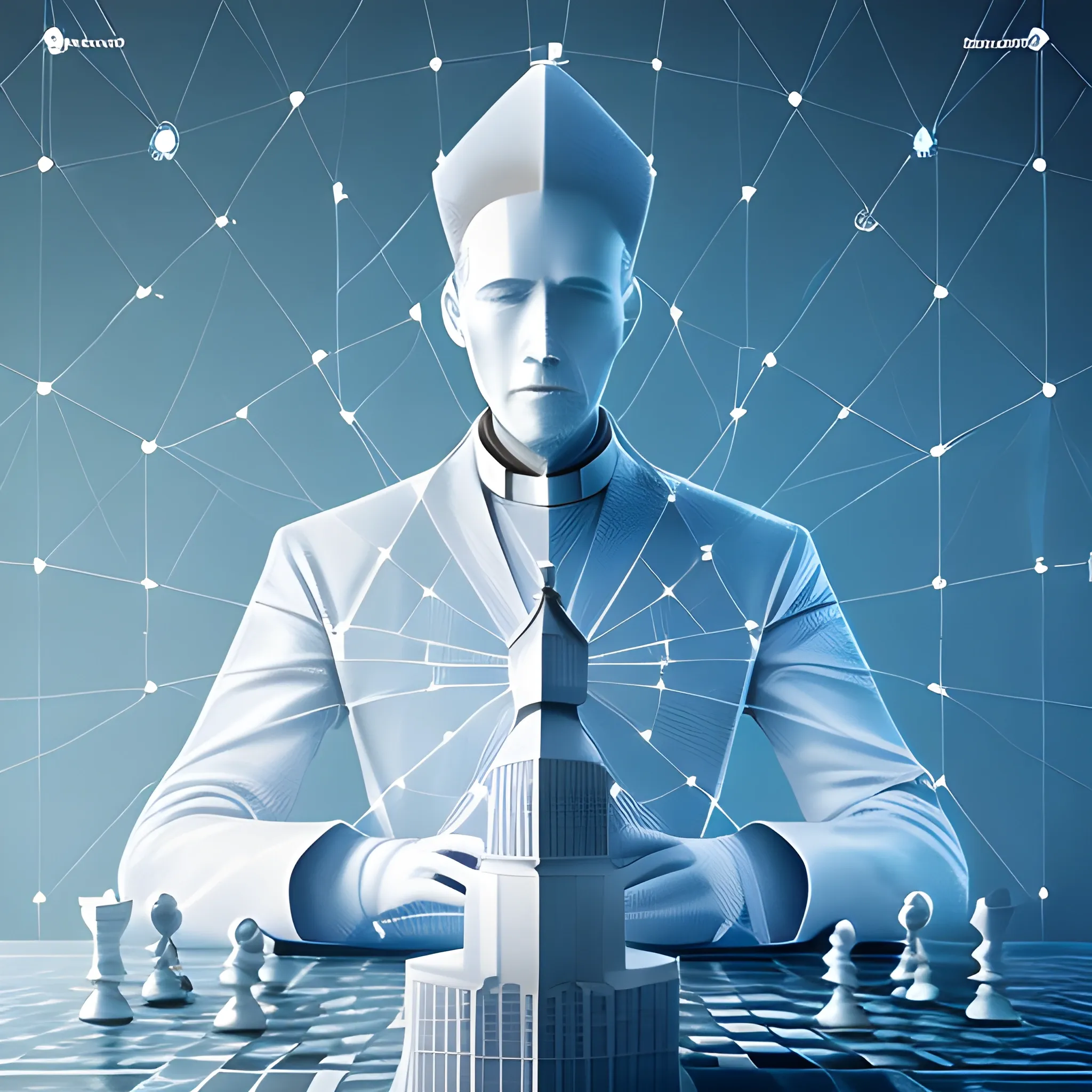 Create an image representing the chess' bishop as the visionary architect of the data infrastructure, a master strategist shaping the foundation of technological progress. This bishop is depicted as a wise and discerning figure, radiating knowledge and expertise in building robust and scalable infrastructures. The image should showcase the bishop in a thoughtful pose, holding a blueprint or architectural plans that symbolize the design and structure of a data infrastructure. Surrounding the bishop, incorporate elements that represent technology and connectivity, such as network diagrams or interconnecting lines. The image should evoke a sense of foresight, precision, and the importance of a well-designed infrastructure in enabling the seamless flow of data and supporting business operations.
