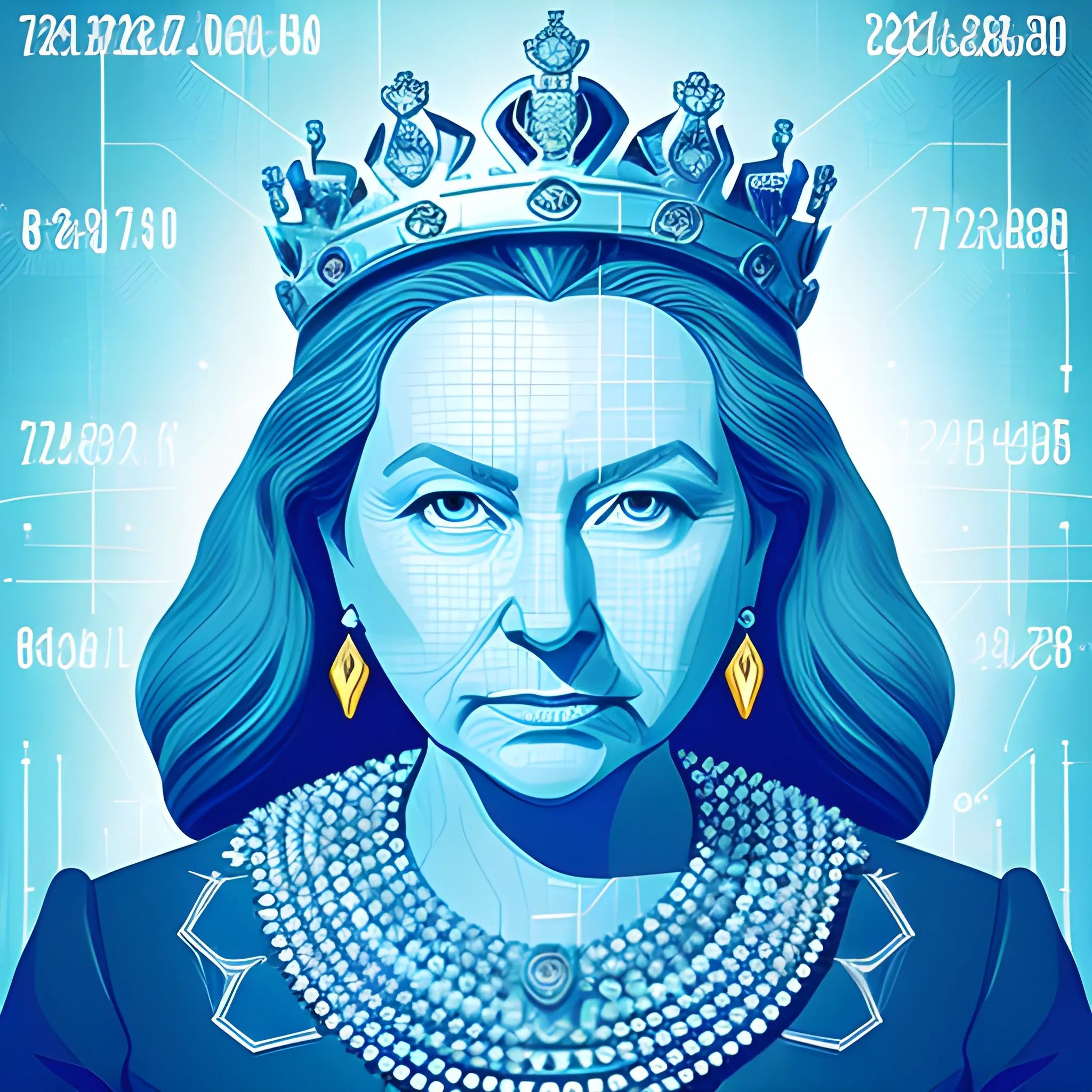 Create an illustration depicting the chess queen as the mastermind of data strategy, a strategic genius orchestrating the intricate moves of data-driven success. The queen is portrayed as a powerful and influential figure, exuding confidence and intelligence. The illustration should capture the queen in a commanding pose, with a regal demeanor and a discerning gaze. Surrounding the queen, incorporate elements that symbolize data, such as flowing data streams or interconnected data points, representing her ability to harness and leverage information for strategic decision-making. The illustration should convey the queen's role as the driving force behind data-driven initiatives, guiding the organization towards innovation, growth, and competitive advantage.
