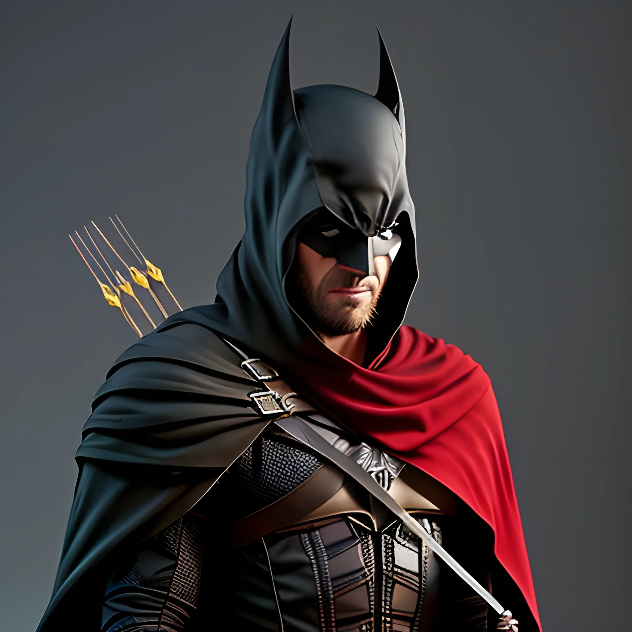 - The main body of the set is inspired by the Assassin's Creed set, with its stealthy and agile appearance.

- The hood is that of Arrow, adding a touch of mystery and archery to the whole.

- The helmet is similar to Batman's, but made of leather, which gives it a darker and more robust appearance.

- A Batman-style cape, draped on the shoulders, adding a majestic and dramatic dimension to the costume.

- The main color palette is composed of black and blood red, creating an intense and bold atmosphere.

, Cartoon