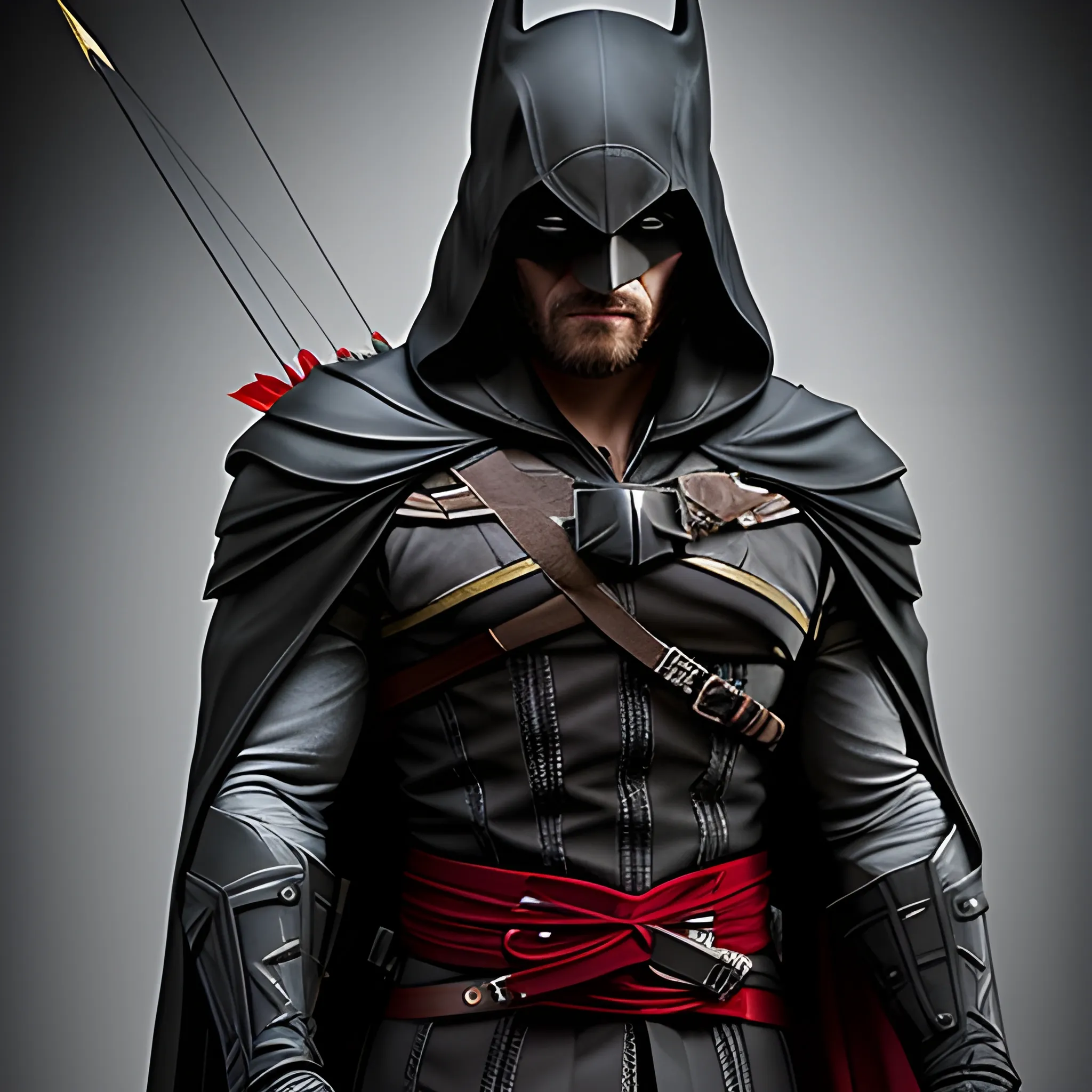 - The main body of the set is inspired by the Assassin's Creed set, with its stealthy and agile appearance.

- The hood is that of Arrow, adding a touch of mystery and archery to the whole.

- The helmet is similar to Batman's, but made of leather, which gives it a darker and more robust appearance.

- A Batman-style cape, draped on the shoulders, adding a majestic and dramatic dimension to the costume.

- The main color palette is composed of black and blood red, creating an intense and bold atmosphere.

, Cartoon