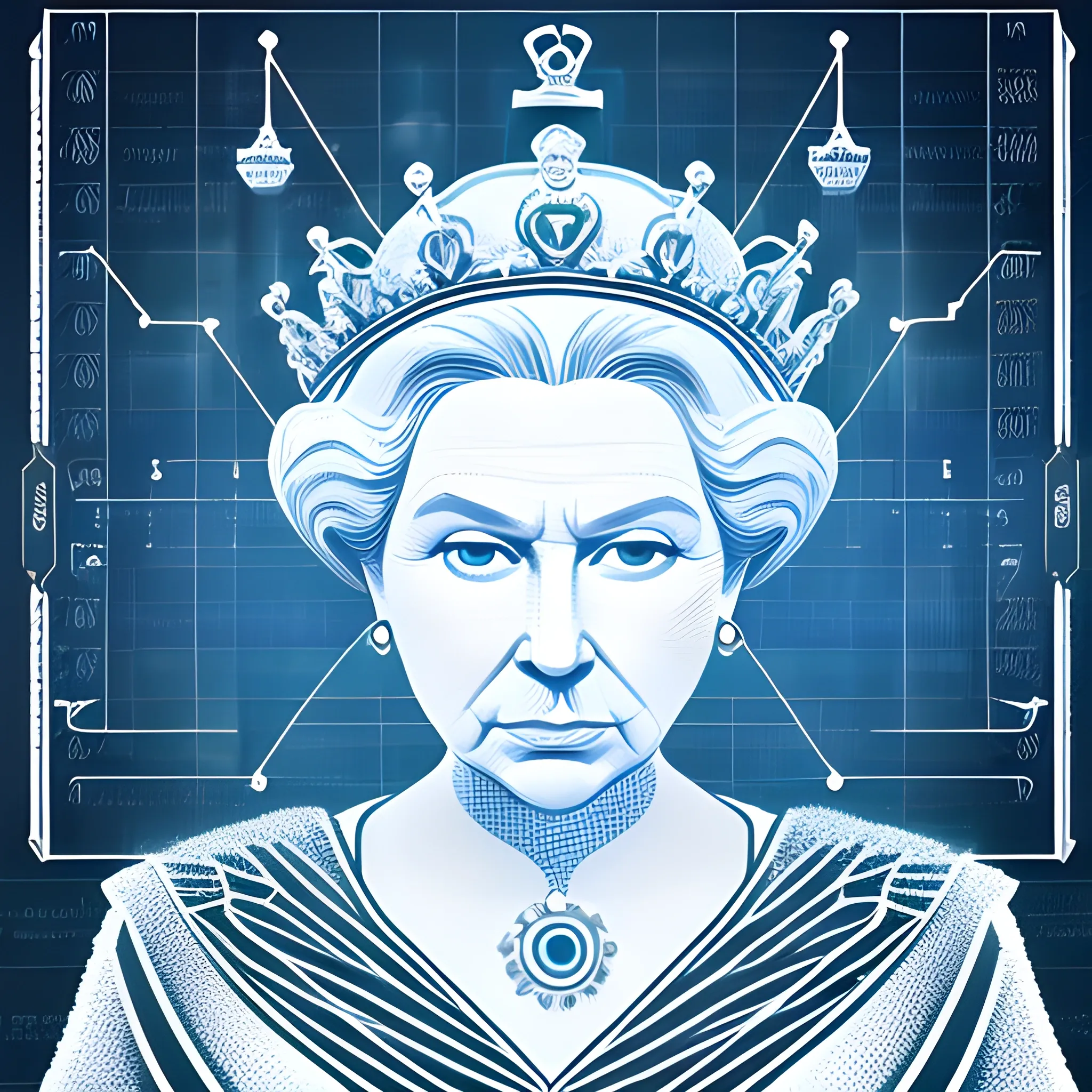 Create an illustration depicting the chess' queen as the mastermind of data strategy, a strategic genius orchestrating the intricate moves of data-driven success. The queen is portrayed as a powerful and influential figure, exuding confidence and intelligence. The illustration should capture the queen in a commanding pose, with a regal demeanor and a discerning gaze. Surrounding the queen, incorporate elements that symbolize data, such as flowing data streams or interconnected data points, representing her ability to harness and leverage information for strategic decision-making. The illustration should convey the queen's role as the driving force behind data-driven initiatives, guiding the organization towards innovation, growth, and competitive advantage.