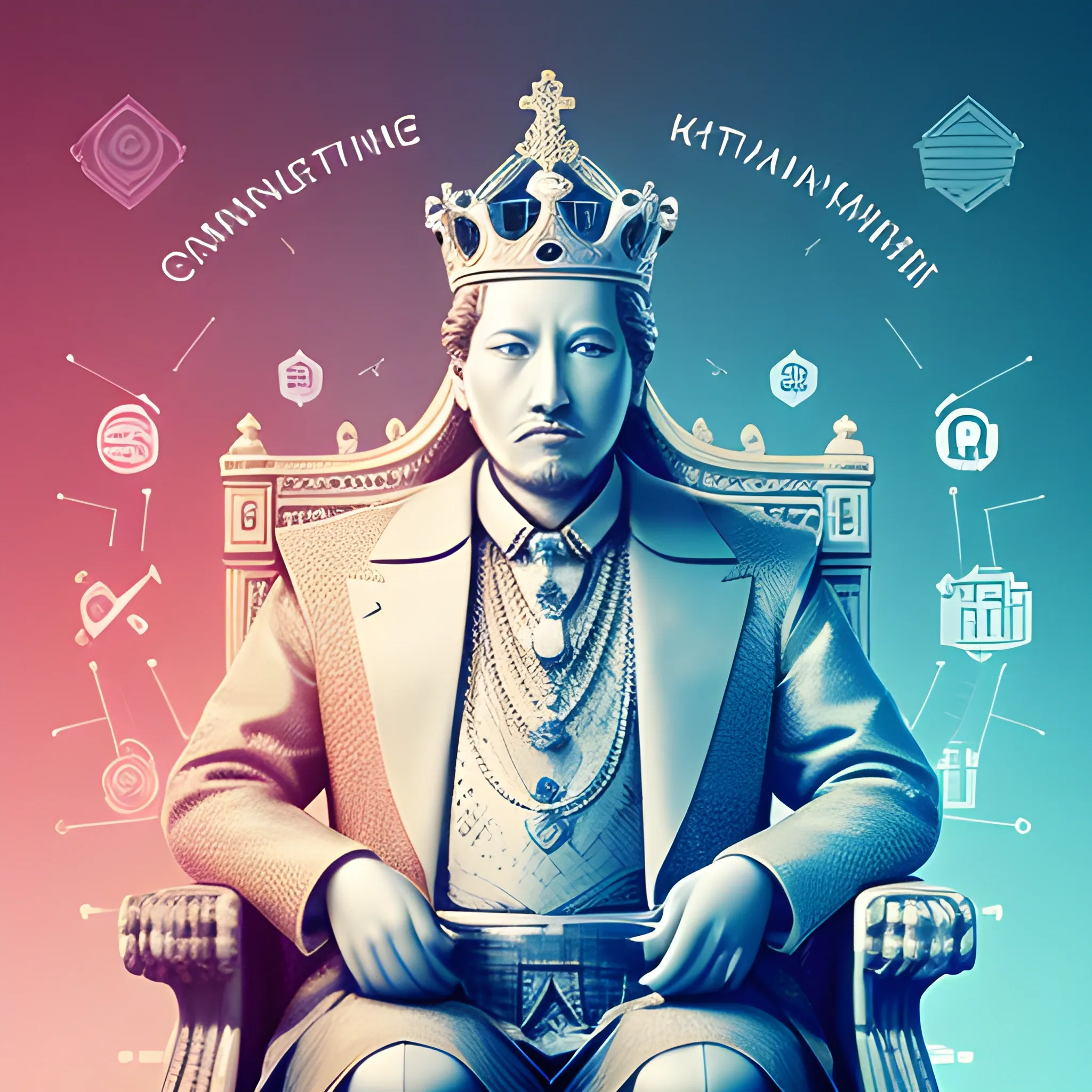 Create an image depicting the chess' king as the visionary leader of the data-driven kingdom, a symbol of authority and wisdom in the realm of business strategy. The king is portrayed as a distinguished and confident figure, radiating a sense of power and control. The image should showcase the king seated on a throne, adorned with symbols of data and technology, emphasizing his central role in guiding the organization's data-driven initiatives. Surrounding the king, incorporate elements that represent the interconnectedness of data and business, such as network patterns or data visualizations, symbolizing the king's ability to make informed decisions based on valuable insights. The image should evoke a sense of respect and admiration for the king's strategic prowess and his ability to lead the organization towards success through data-driven approaches.
