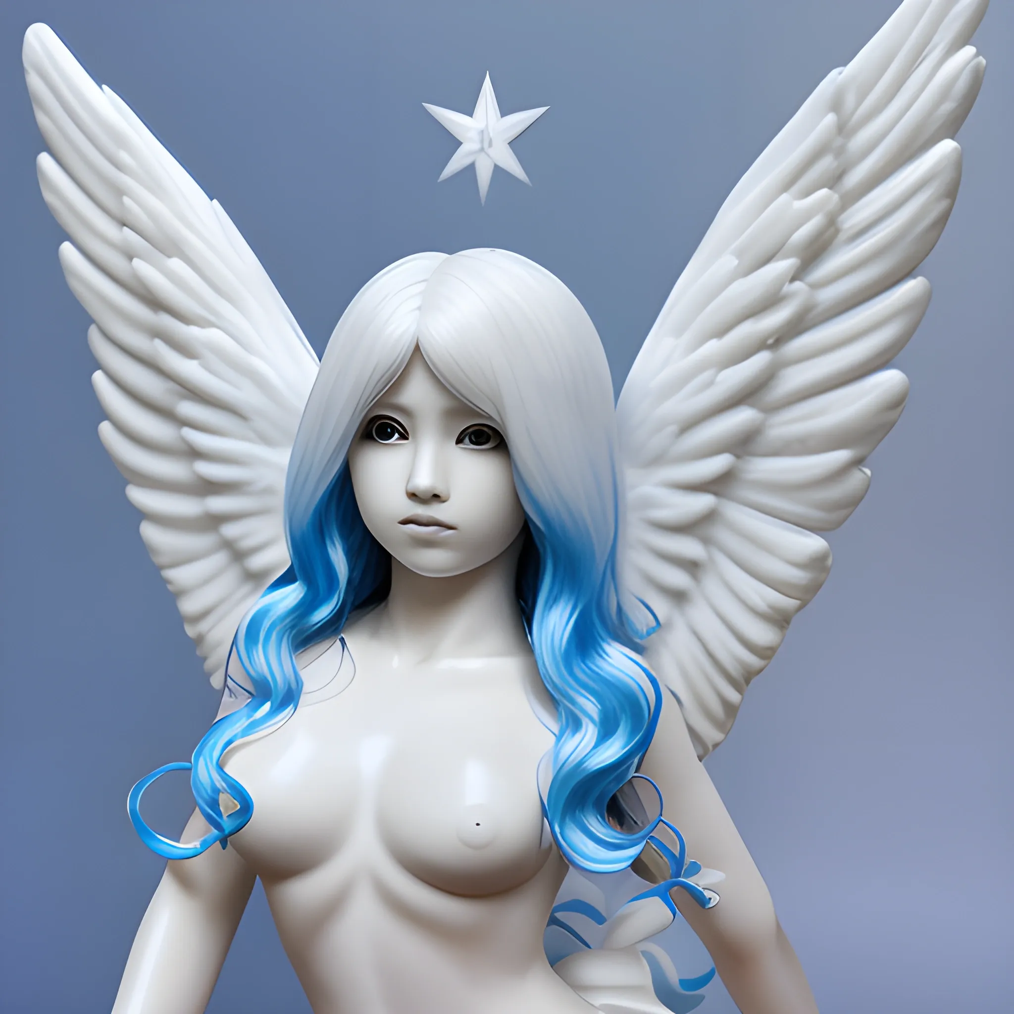 angel con rasgos asiaticos, cabello blanco, ojos azules