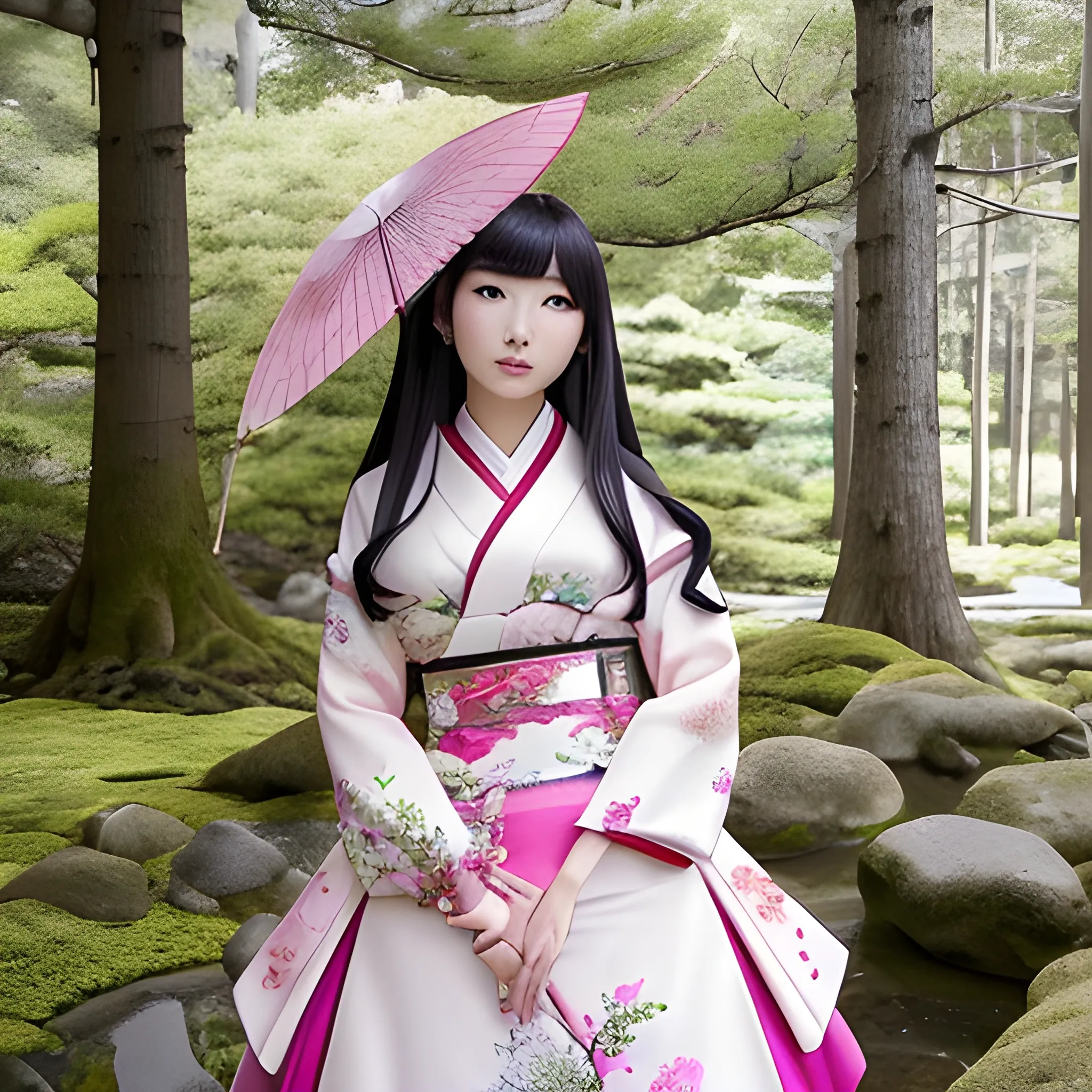 una elegante chica  japonesa dentro del bosque primaveral, cara delicada, cara ovalada, belleza sin igual, traje japones de mangas largas, pose dinámica, colores  claros, 