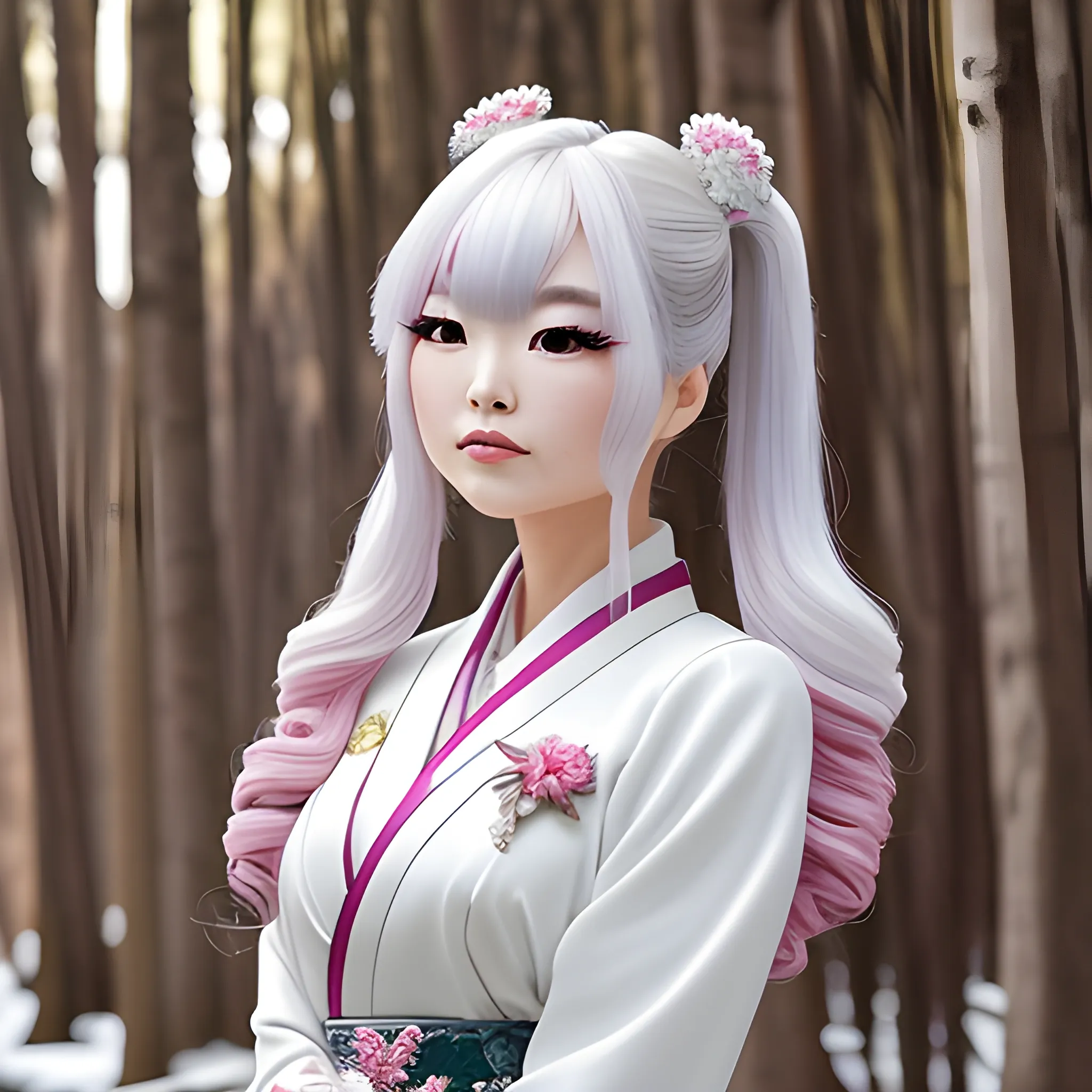 una elegante chica  japonesa dentro del bosque primaveral, cara delicada, cara ovalada, belleza sin igual, traje japones de mangas largas, pose dinámica, colores  claros, cabello blanco y brillante