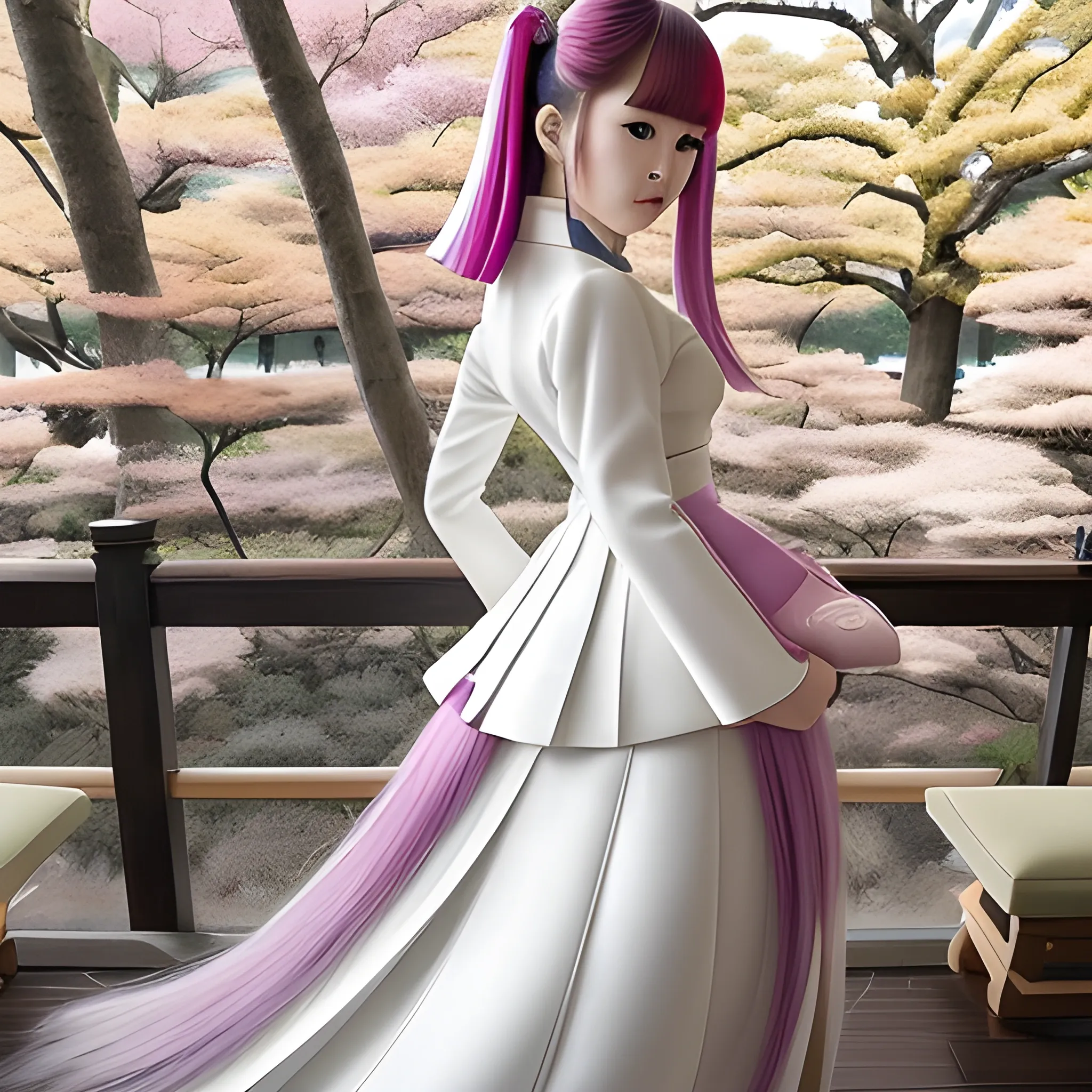 una elegante chica  japonesa dentro del bosque primaveral, cara delicada, cara ovalada, belleza sin igual, traje japones de mangas largas, pose dinámica, colores  claros, cabello blanco y brillante