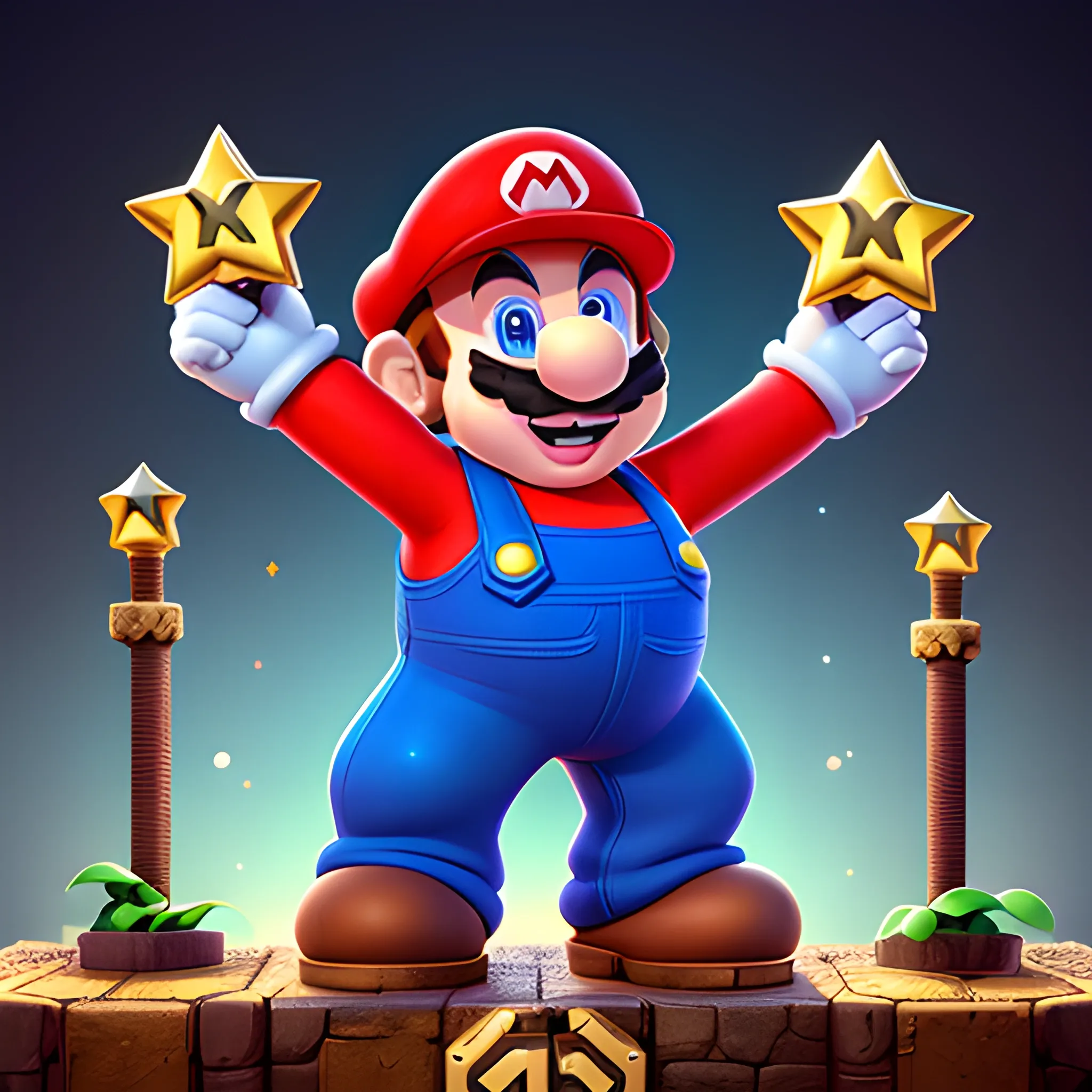 super mario bros game character, big smile, raising one arm up holding a star, posing front,  hyper detailed, digital art, trending on artstation, cinematic lighting, studio quality, smooth render, octane render, art by wlop, klimt, nixeu