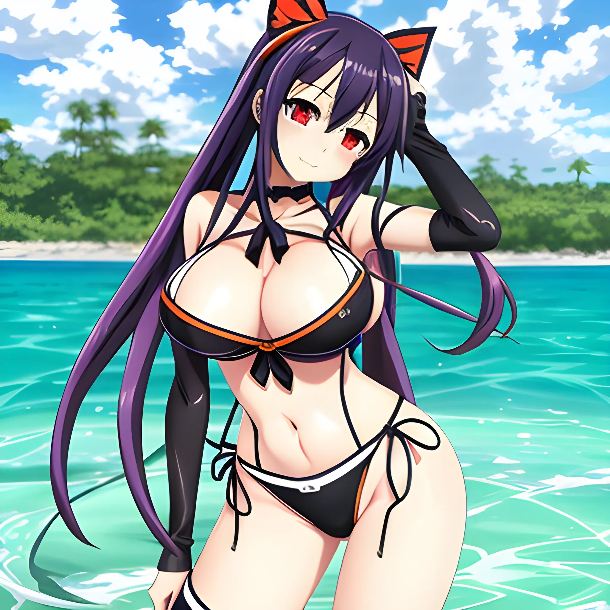 date on live, anime, kurumi ,cute ,art by date on live ,character Kurumi Tokisaki , wearing black bikini, big boob ,(((sexy))), ((masterpiece))