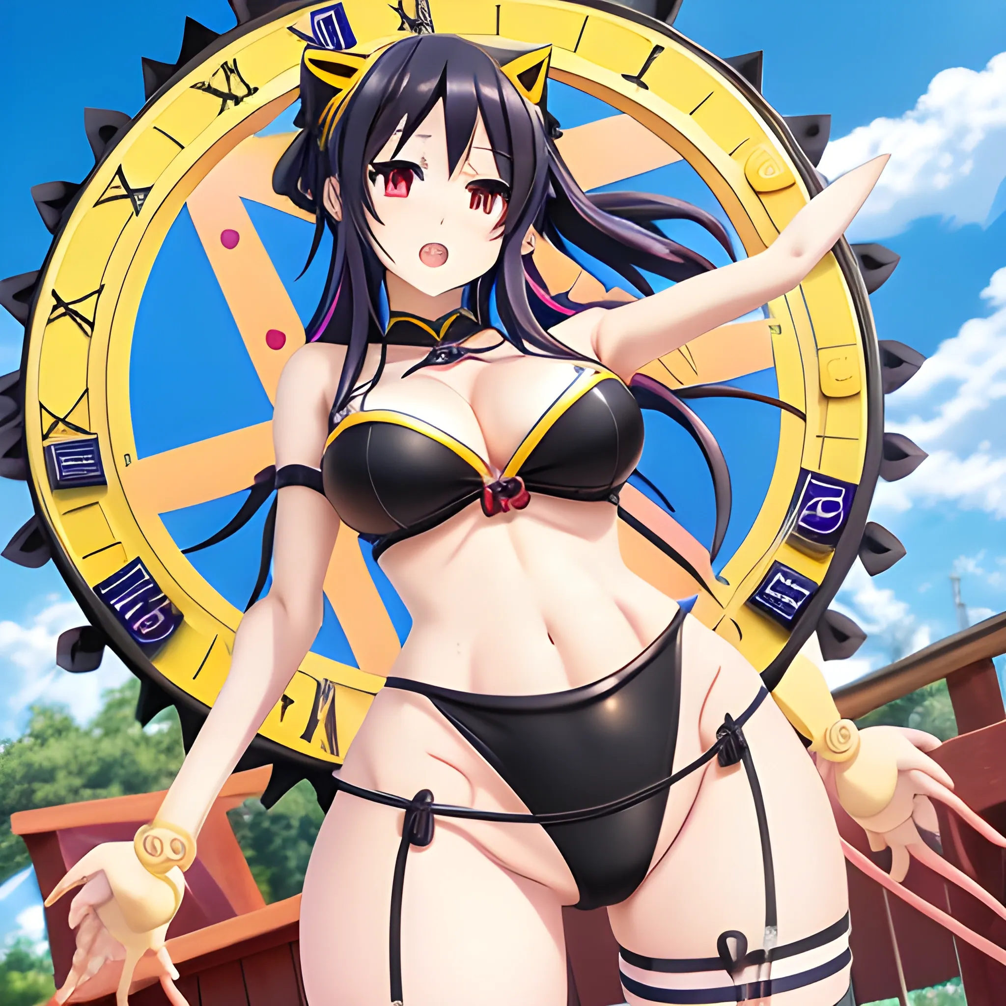 date on live, anime, kurumi ,cute ,art by date on live ,character Kurumi Tokisaki , wearing black bikini, big boob,big thighs, big red heart eye, on her left yellow clock eye, creep smile, detailed face, extremely detailed CG unity 8k,light on face,(((sexy))), ((masterpiece)), (perfect female figure),, 3D