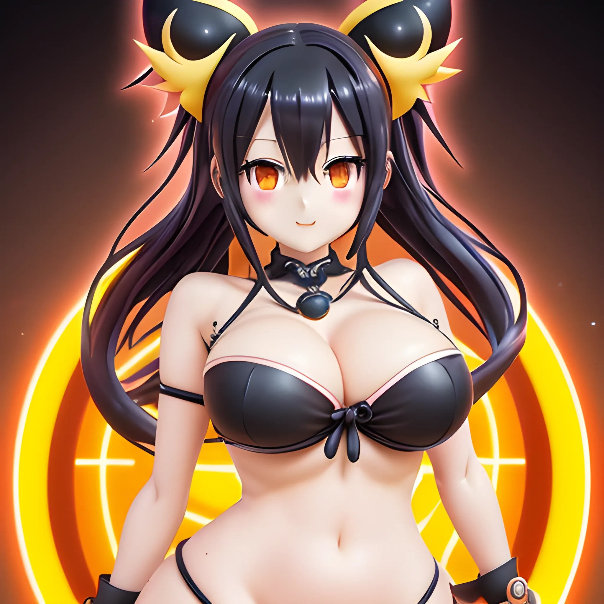 date on live, anime, kurumi ,cute ,art by date on live ,character Kurumi Tokisaki , wearing black bikini, big boob,big thighs, big red heart eye, on her left yellow clock eye, creep smile, detailed face, extremely detailed CG unity 8k,light on face,(((sexy))), ((masterpiece)), (perfect female figure),, 3D