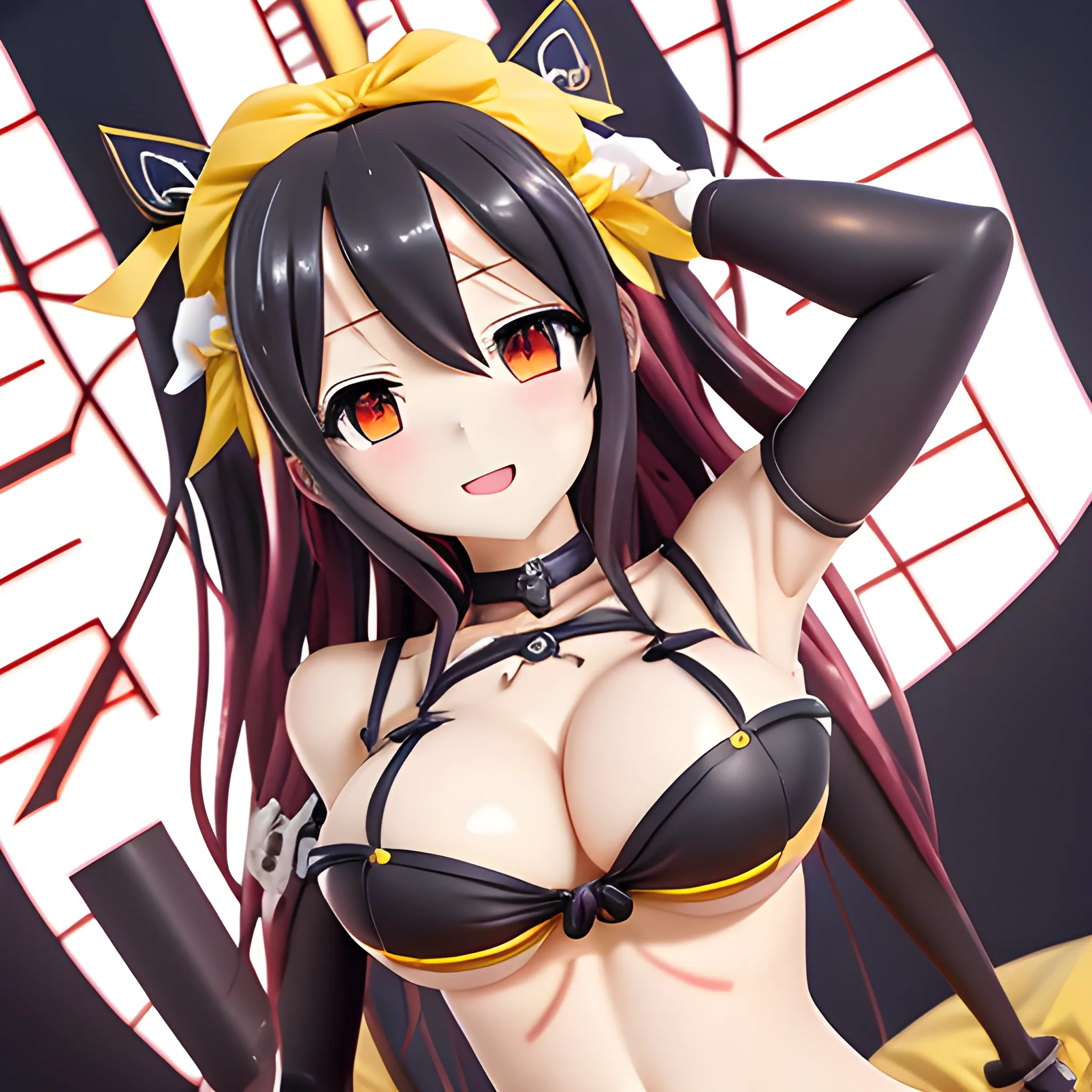 date on live, anime, kurumi ,cute ,art by date on live ,character Kurumi Tokisaki , wearing black bikini, big boob,big thighs, big red heart eye, on her left yellow clock eye, creep smile, detailed face, extremely detailed CG unity 8k,light on face,(((sexy))), ((masterpiece)), (perfect female figure),, 3D