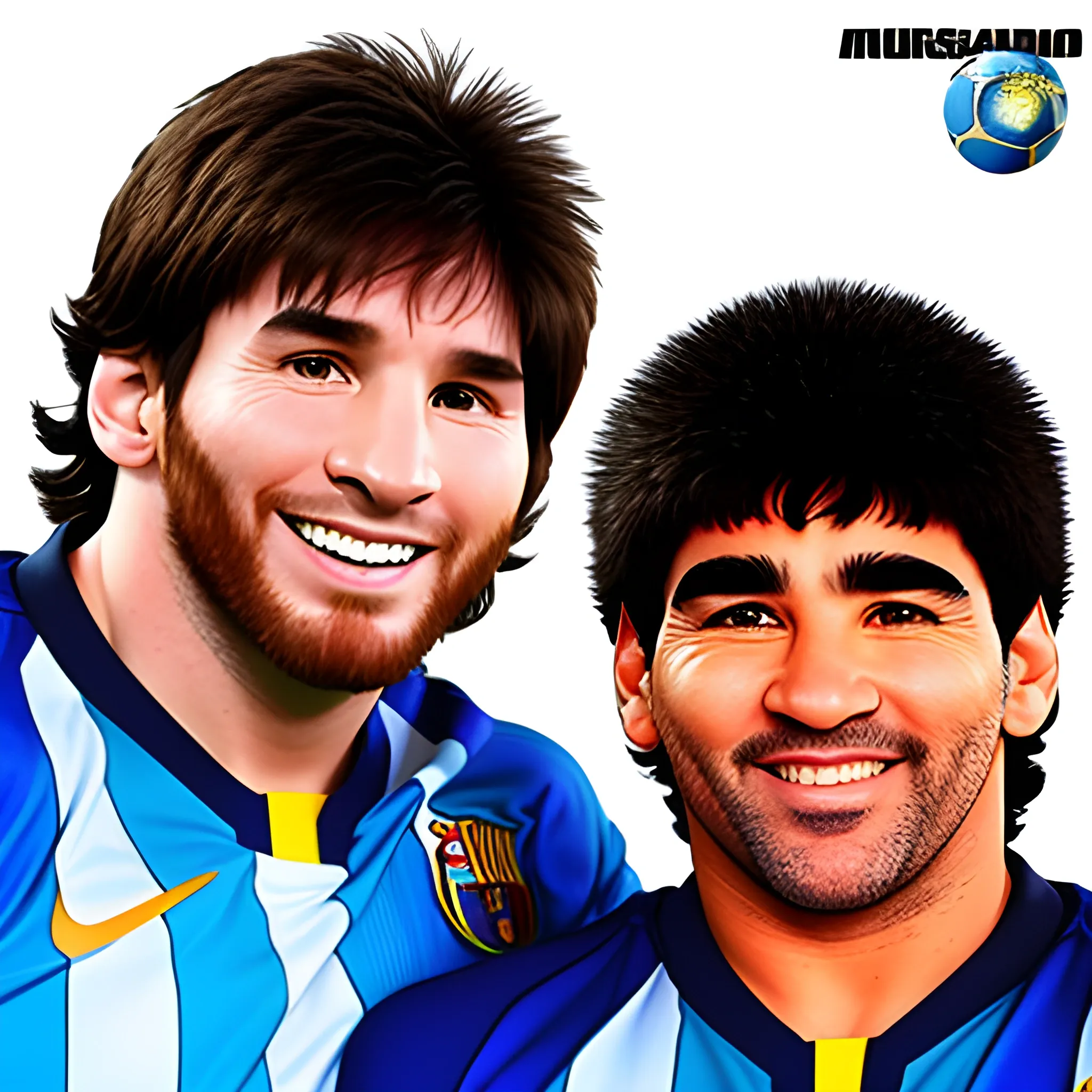 Foto retrato de morphing entre Lionel Messi y Diego Armando Maradona. Muchos detalles. Risa feliz, Alta definición. Foto realismo. HD