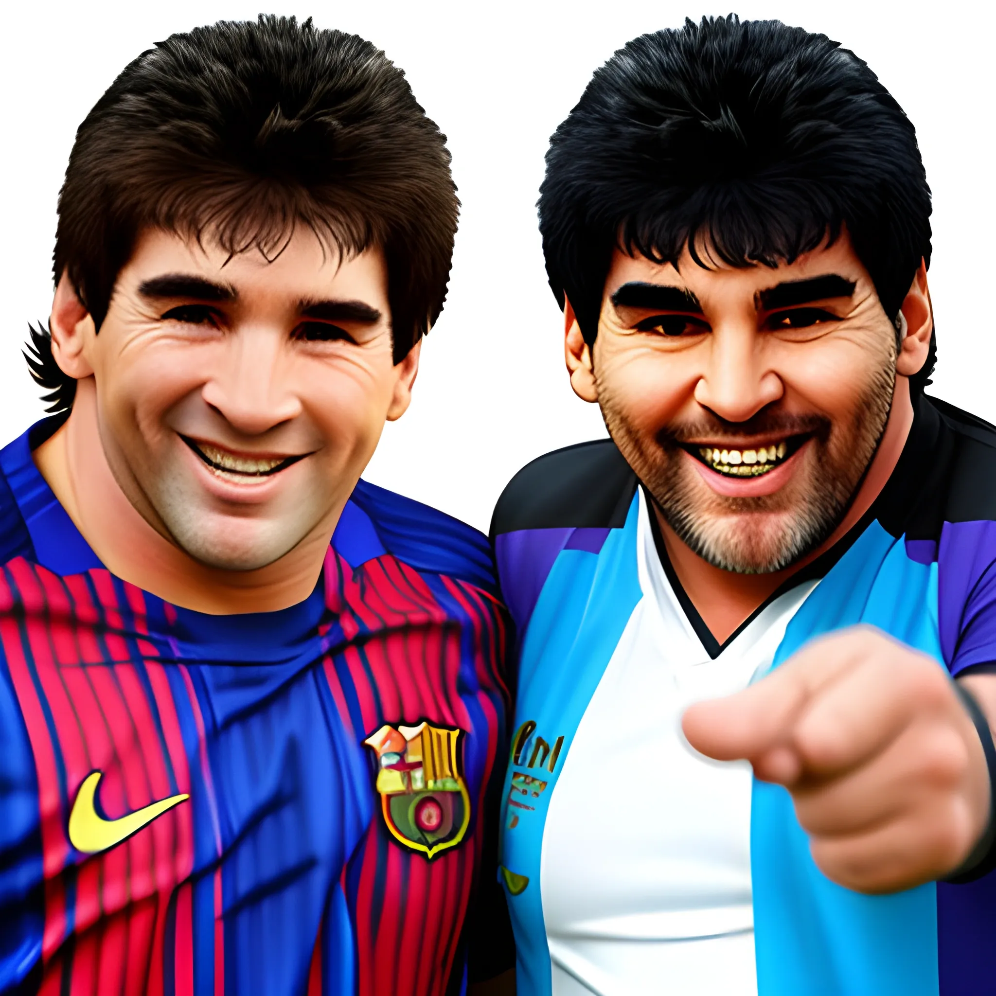 Foto retrato de morphing entre Lionel Messi y Diego Armando Maradona. Muchos detalles. Risa feliz, Alta definición. Foto realismo. HD