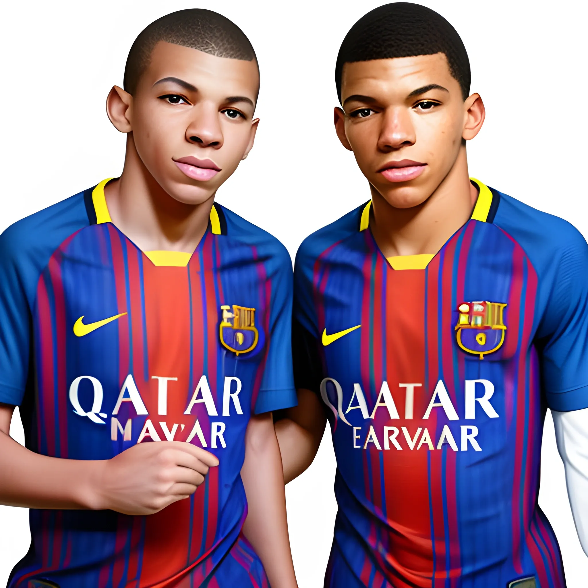 Foto retrato de morphing entre Lionel Messi y Kilian Mbappe vestido con camiseta del Barcelona Futbol Club. Muchos detalles. , Alta definición. Foto realismo. HD