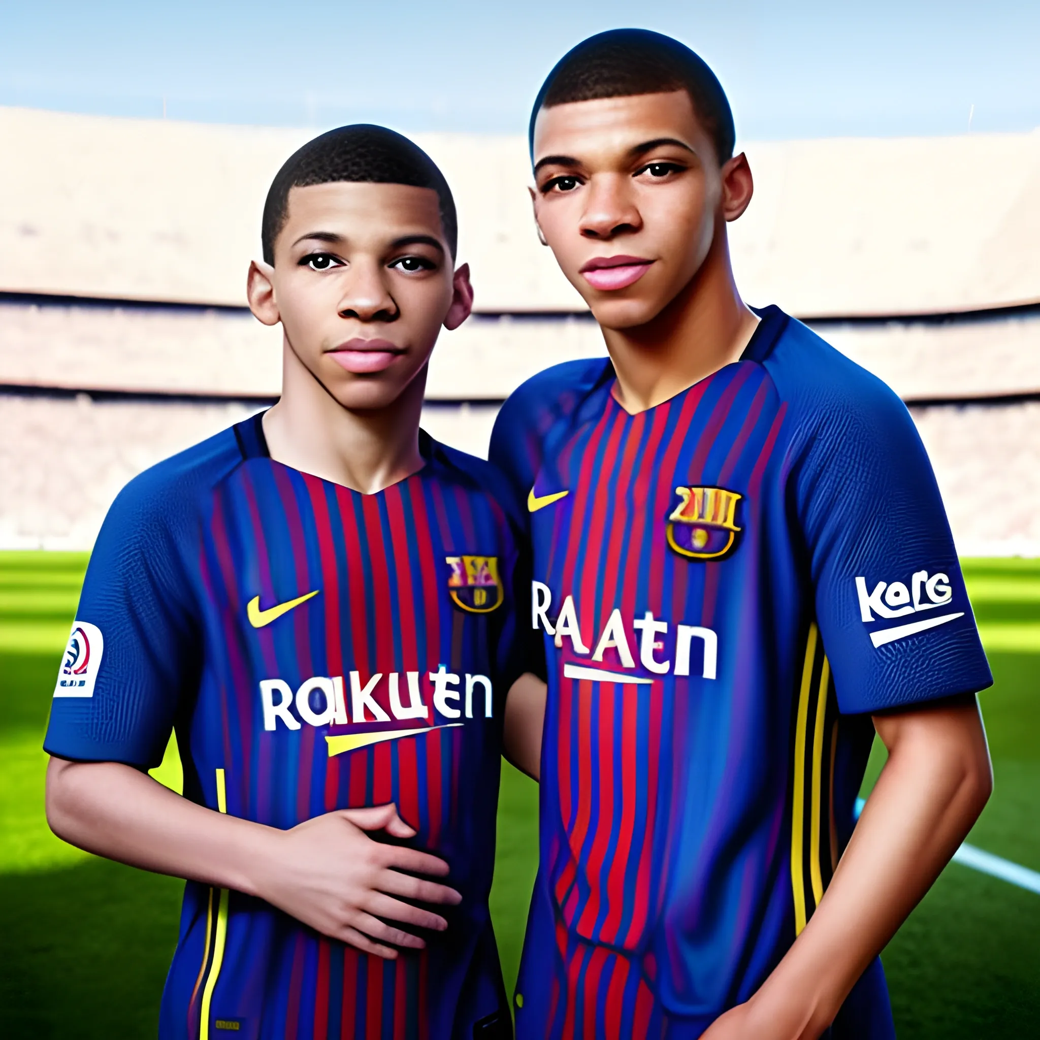 Foto retrato de Lionel Messi y Kilian Mbappe vestidos con camiseta del Barcelona Futbol Club. Muchos detalles. , Alta definición. Foto realismo. HD