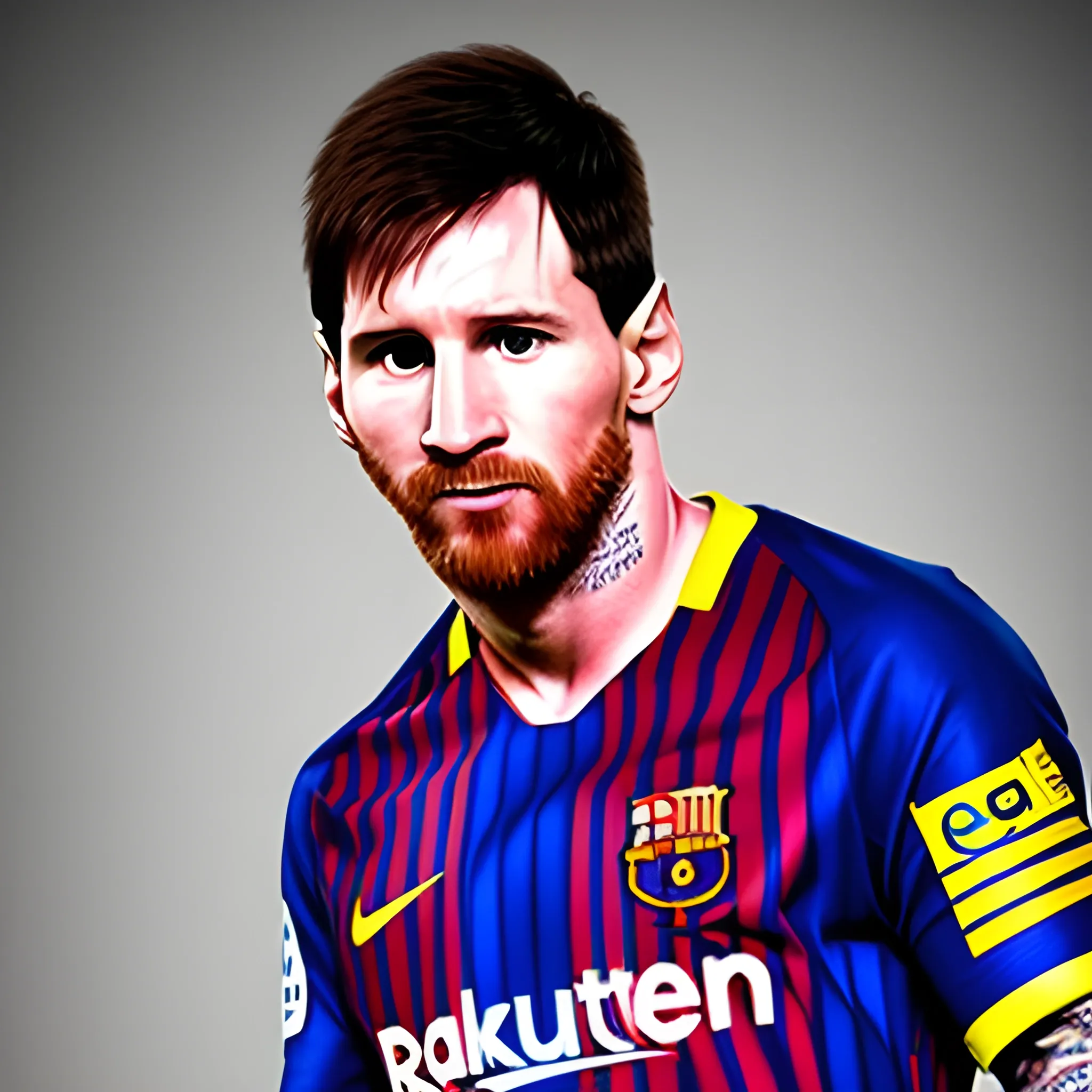 Foto retrato de Lionel Messi vestido con camiseta del Barcelona Futbol Club. Muchos detalles. , Alta definición. Foto realismo. HD