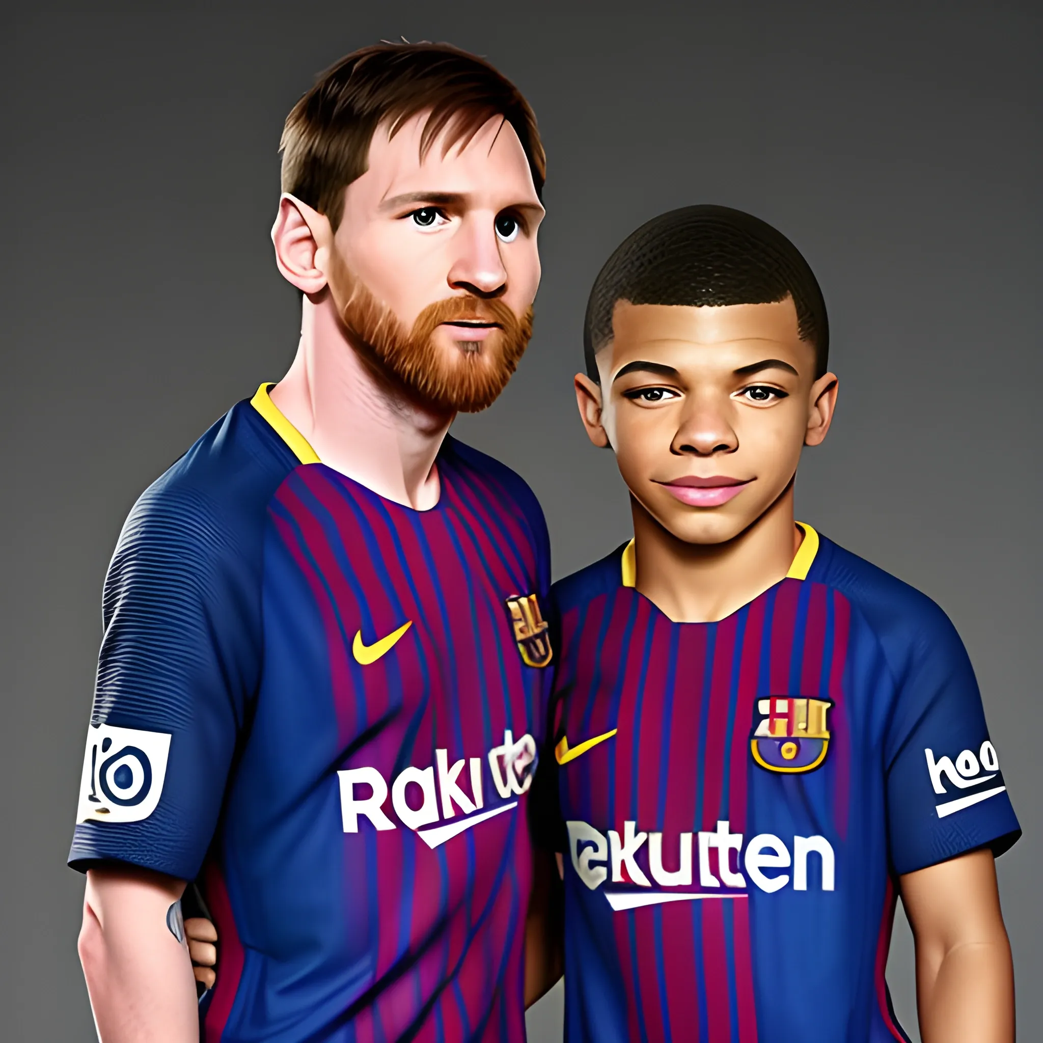 Foto retrato de Lionel Messi junto a Kilian Mbappe vestido con camiseta del Barcelona Futbol Club. Muchos detalles. , Alta definición. Foto realismo. HD